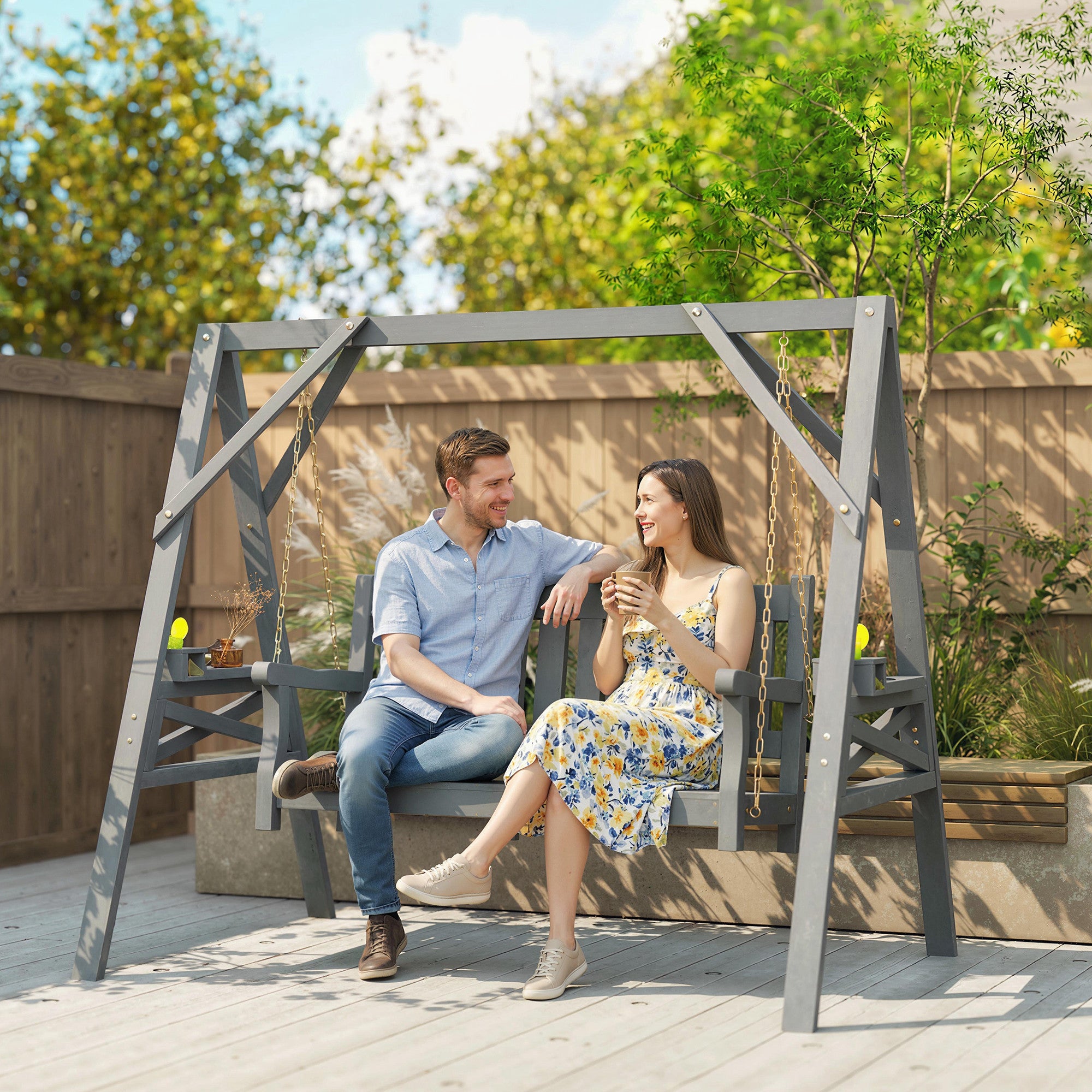 2-Seater Garden Swing — Wooden Bench with Side Tables, Cup Holders & Metal Chains, Gray