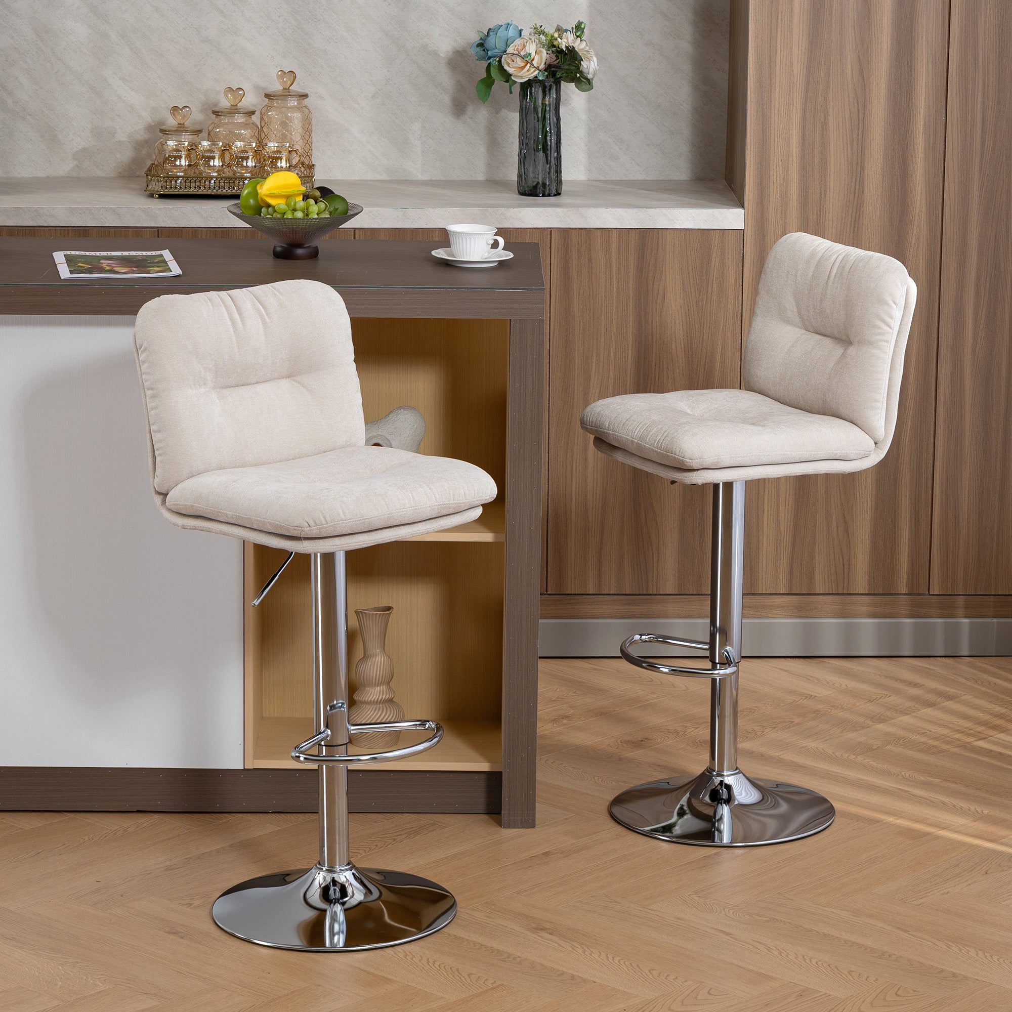 Set of 2 Swivel Bar Stools, Tall Counter Stools with Linen-Look Upholstery, Adjustable 25.2–33.9 in, Backrest, Footrest, Padded Seat & Steel Base, Beige