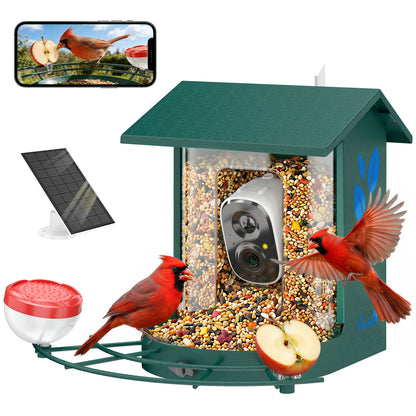 AI Bird Feeder with Camera — Identifies 16,000+ Species, 2K HD Video, App Alerts, 3W Solar Panel, 32GB SD, Dark Green