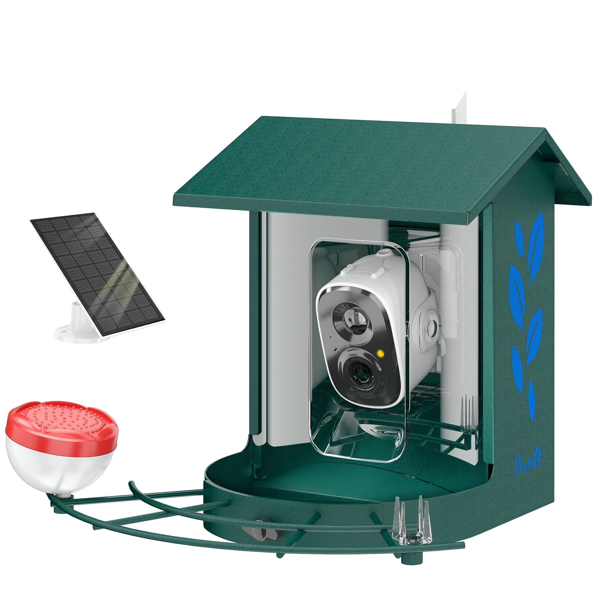AI Bird Feeder with Camera — Identifies 16,000+ Species, 2K HD Video, App Alerts, 3W Solar Panel, 32GB SD, Dark Green