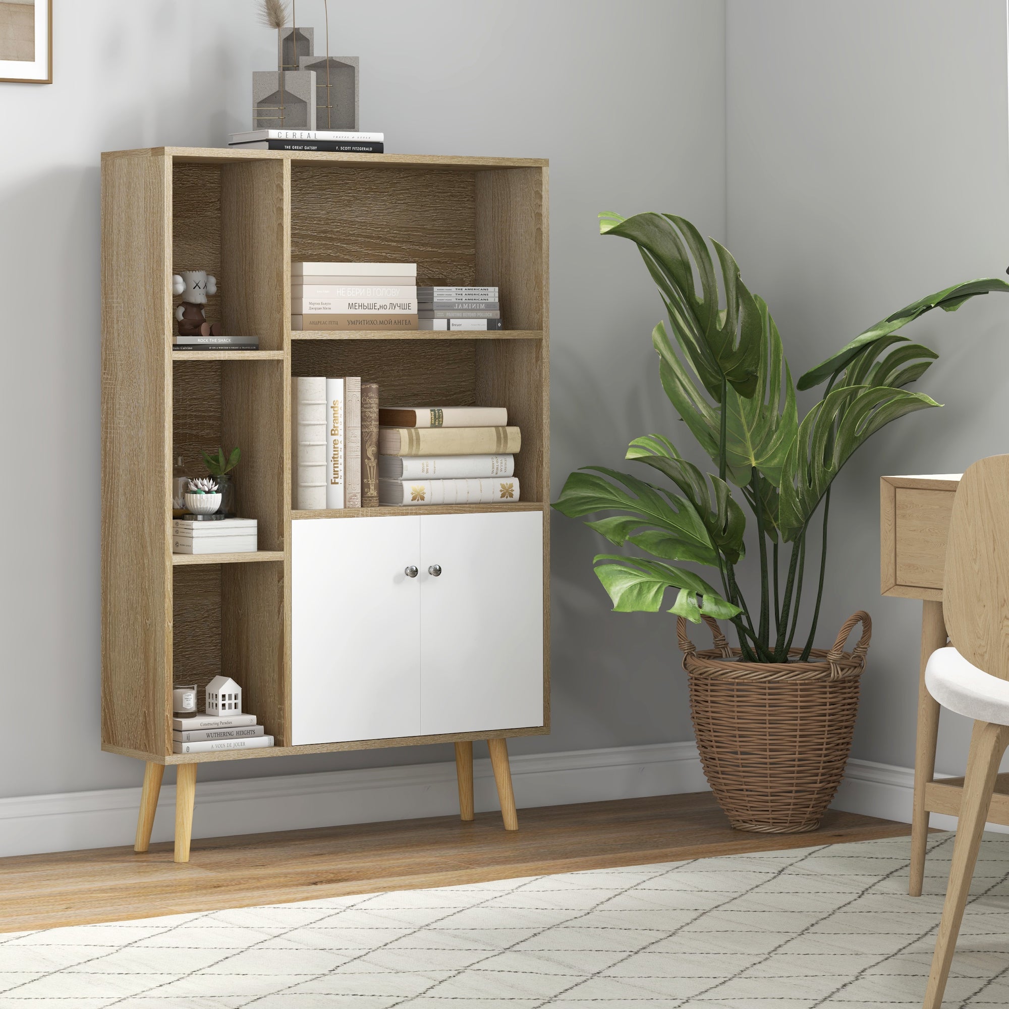 Scandinavian Style Oak Storage Bookshelf dimensions 80L x 23.5W x 123H cm 5 niches cupboard 2 doors tapered solid pine wood legs
