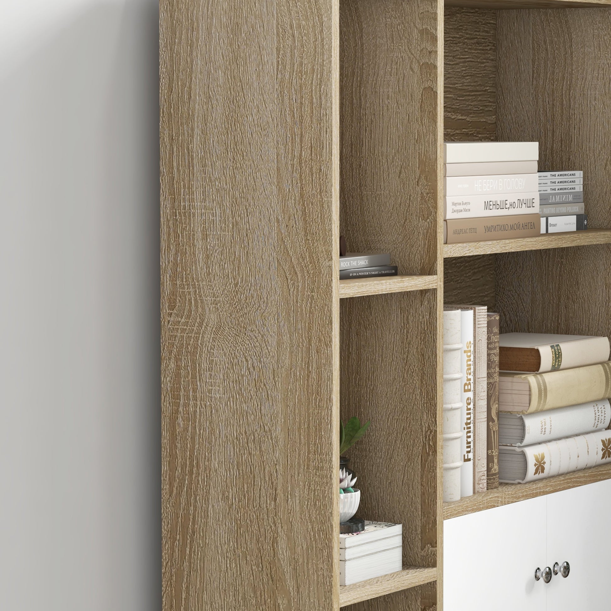 Scandinavian Style Oak Storage Bookshelf dimensions 80L x 23.5W x 123H cm 5 niches cupboard 2 doors tapered solid pine wood legs