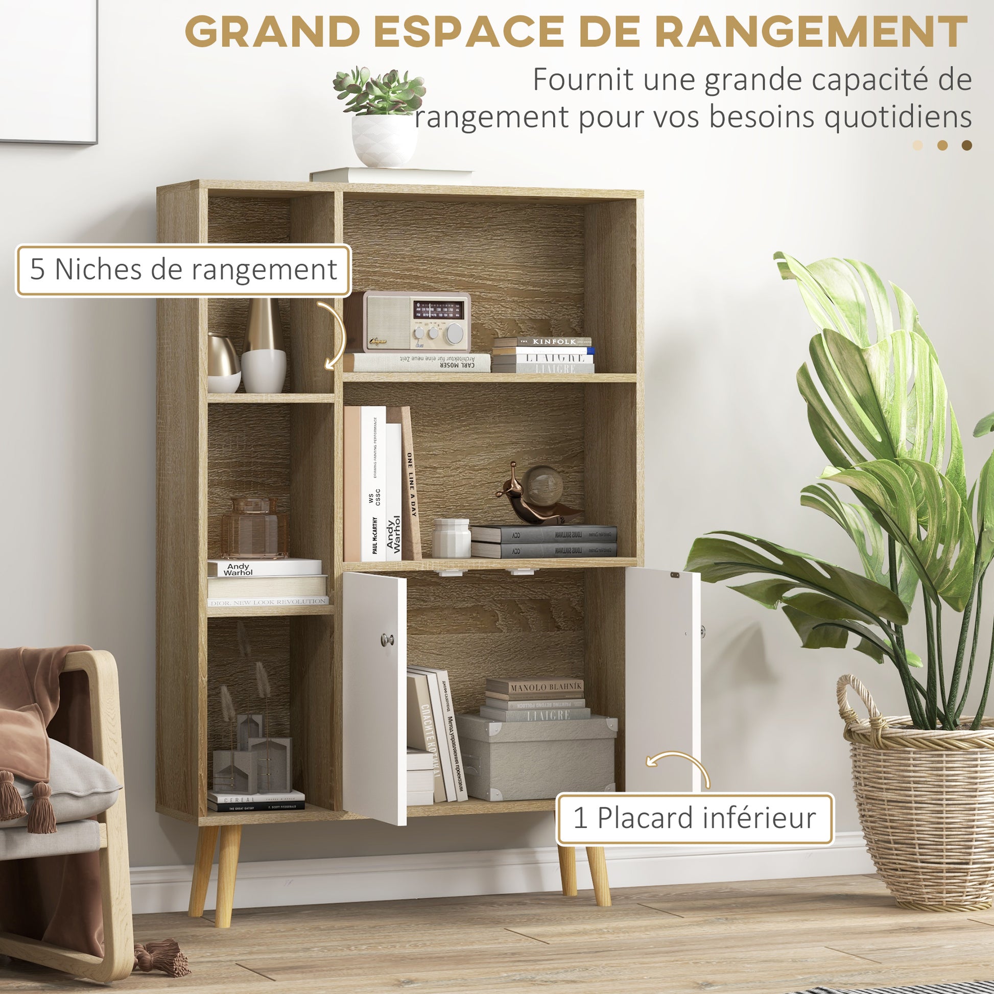 Scandinavian Style Oak Storage Bookshelf dimensions 80L x 23.5W x 123H cm 5 niches cupboard 2 doors tapered solid pine wood legs