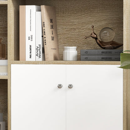 Scandinavian Style Oak Storage Bookshelf dimensions 80L x 23.5W x 123H cm 5 niches cupboard 2 doors tapered solid pine wood legs