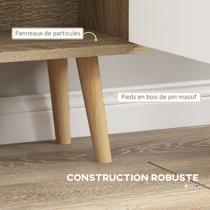 Scandinavian Style Oak Storage Bookshelf dimensions 80L x 23.5W x 123H cm 5 niches cupboard 2 doors tapered solid pine wood legs