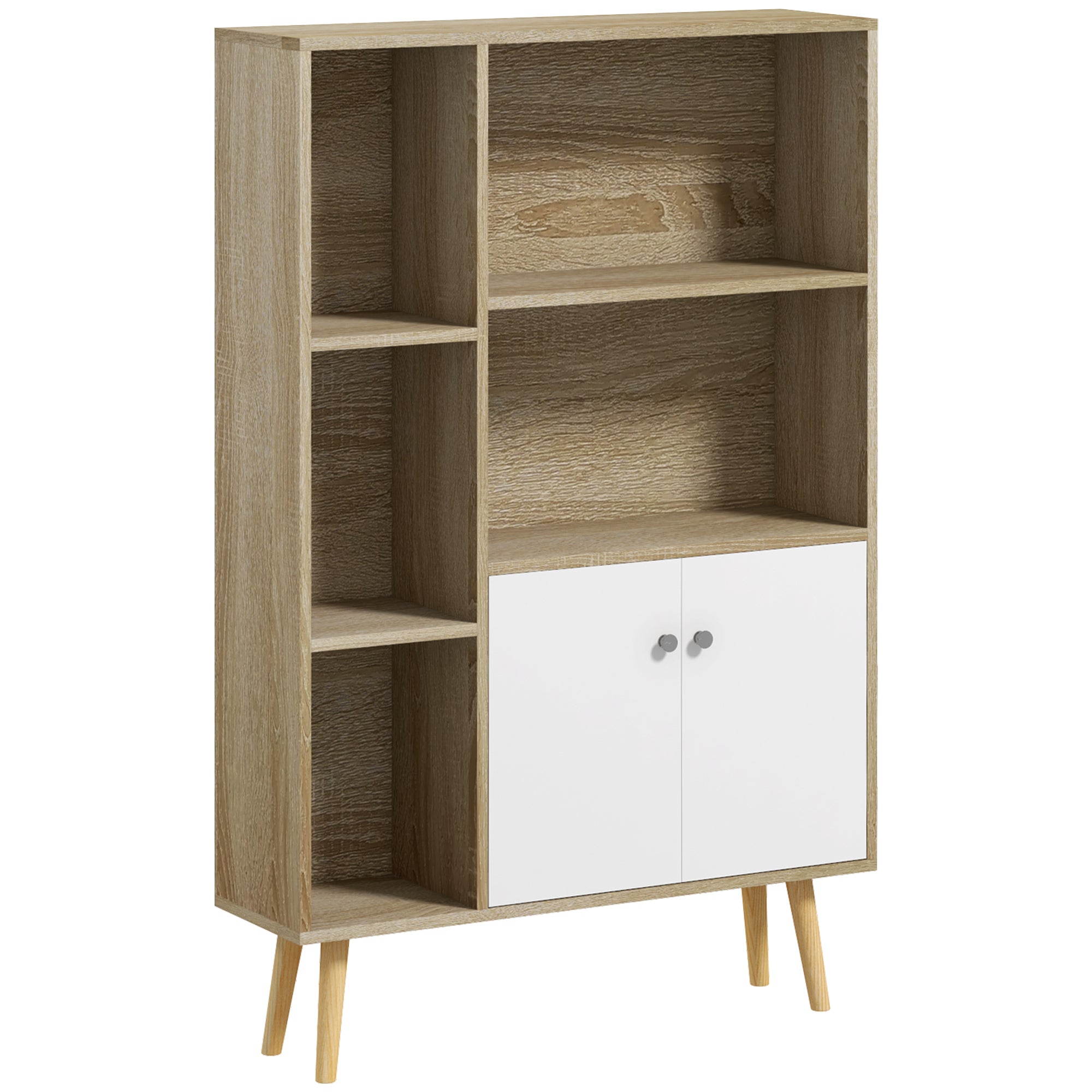 Scandinavian Style Oak Storage Bookshelf dimensions 80L x 23.5W x 123H cm 5 niches cupboard 2 doors tapered solid pine wood legs