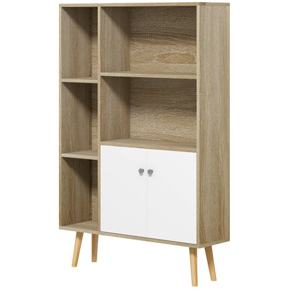 Scandinavian Style Oak Storage Bookshelf dimensions 80L x 23.5W x 123H cm 5 niches cupboard 2 doors tapered solid pine wood legs
