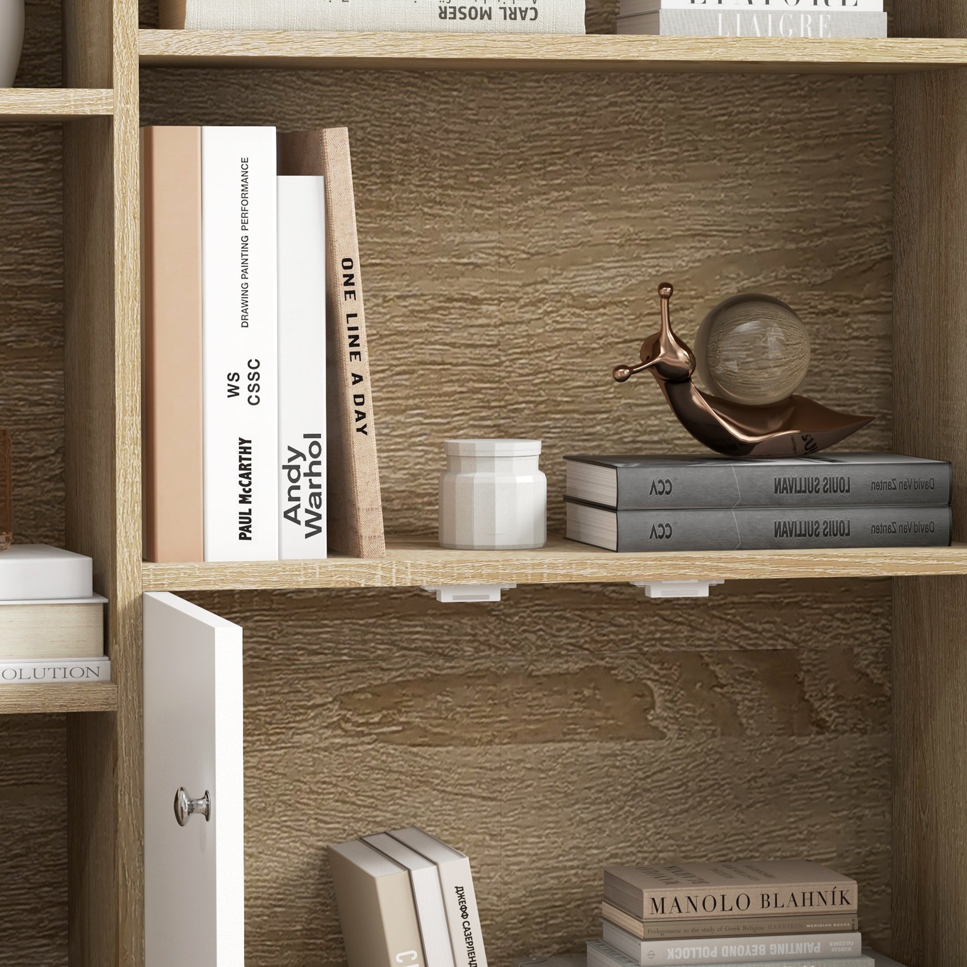 Scandinavian Style Oak Storage Bookshelf dimensions 80L x 23.5W x 123H cm 5 niches cupboard 2 doors tapered solid pine wood legs