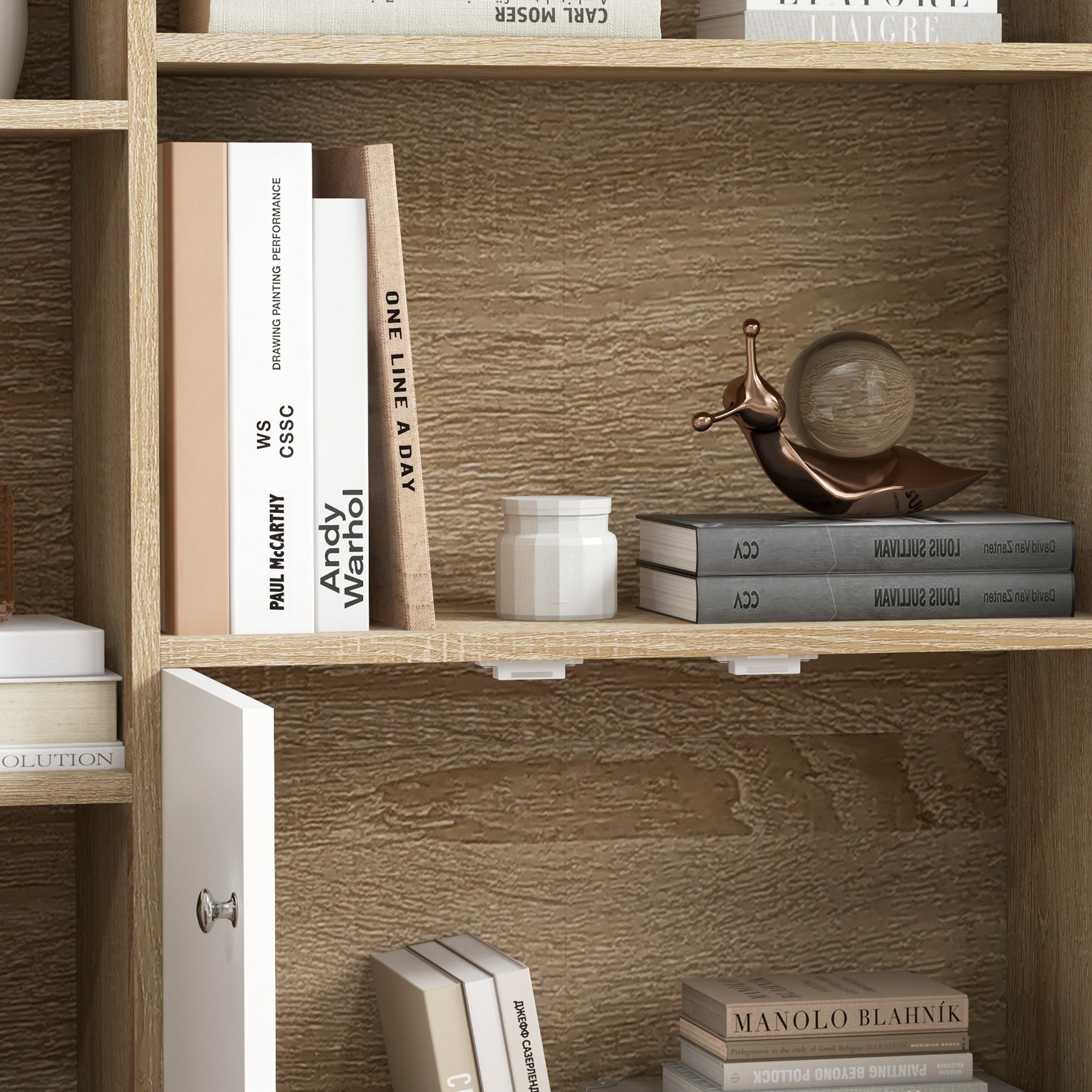Scandinavian Style Oak Storage Bookshelf dimensions 80L x 23.5W x 123H cm 5 niches cupboard 2 doors tapered solid pine wood legs