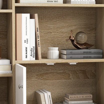 Scandinavian Style Oak Storage Bookshelf dimensions 80L x 23.5W x 123H cm 5 niches cupboard 2 doors tapered solid pine wood legs