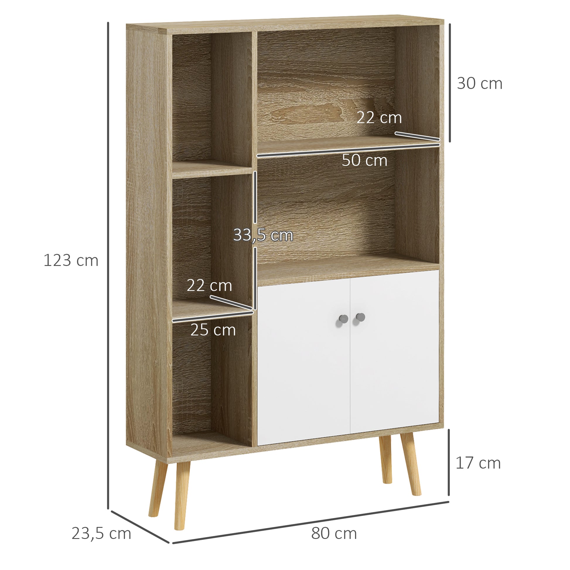 Scandinavian Style Oak Storage Bookshelf dimensions 80L x 23.5W x 123H cm 5 niches cupboard 2 doors tapered solid pine wood legs