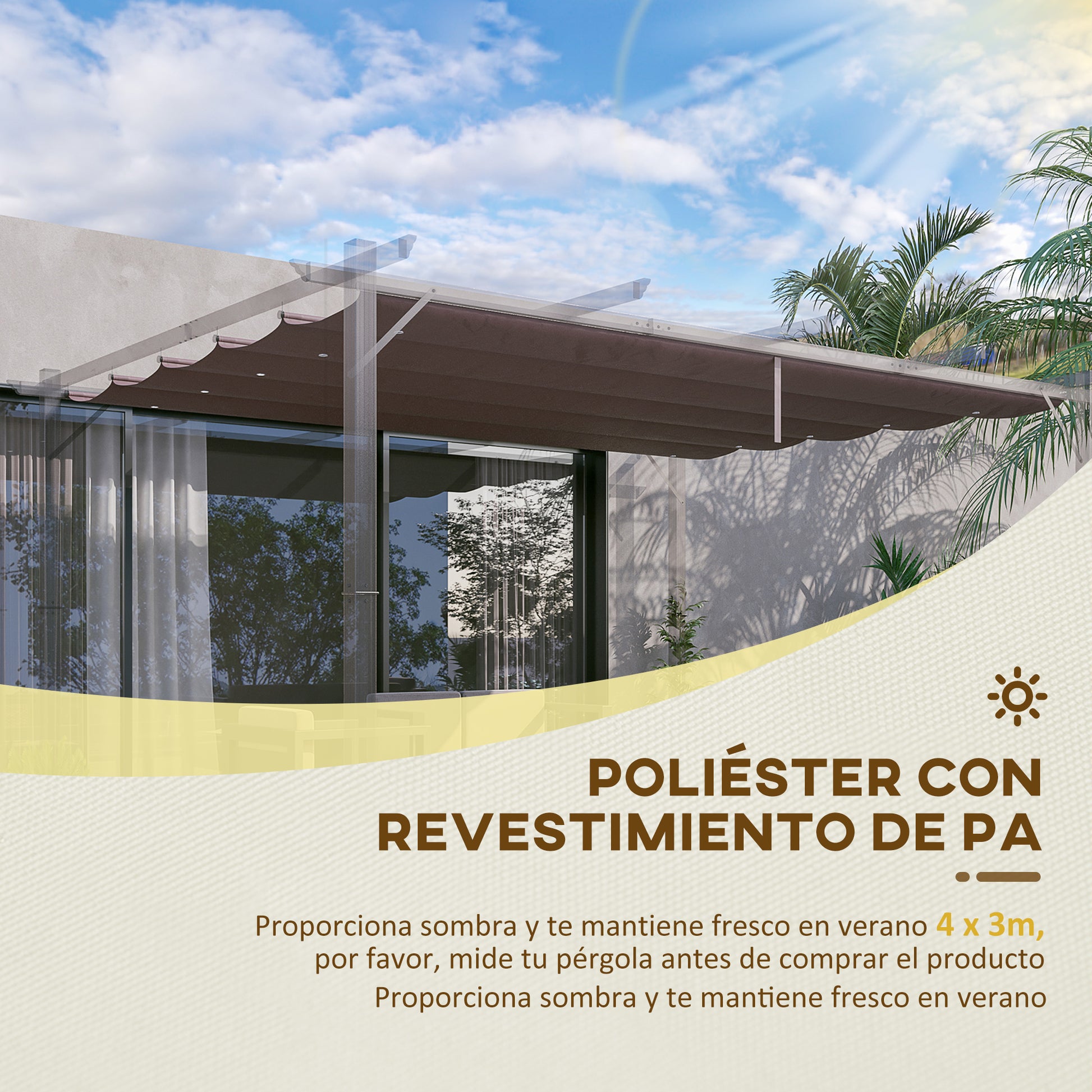 Pergola Roof 3.5x2.6 m Retractable Replacement Canopy for Umbrella Garden Gazebo Tarp with 10 Drainage Holes Brown
