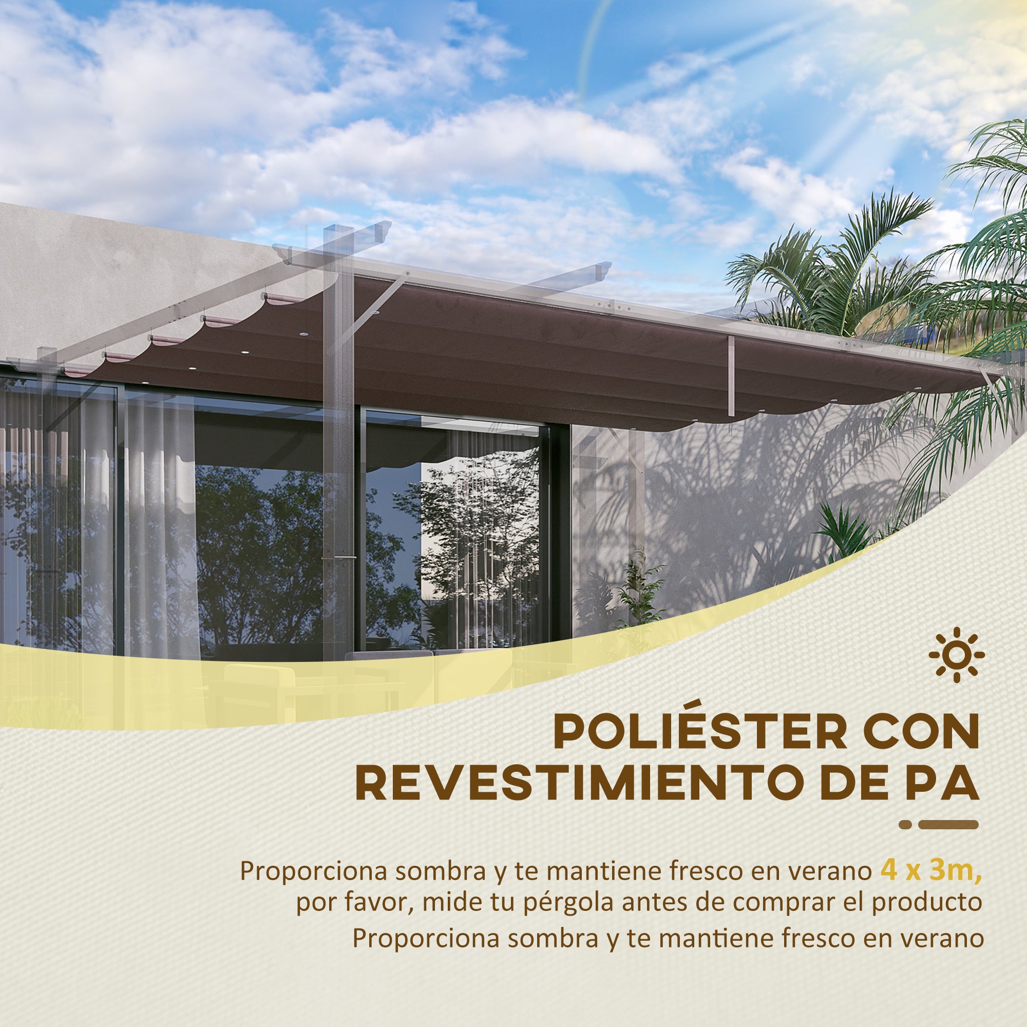 Pergola Roof 3.5x2.6 m Retractable Replacement Canopy for Umbrella Garden Gazebo Tarp with 10 Drainage Holes Brown