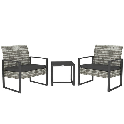 2-Seater Garden Set 3 Pieces 2 Chairs with Cushions + Coffee Table with Tempered Glass Top Woven Resin Rattan Imitation 4 Strands Light Gray