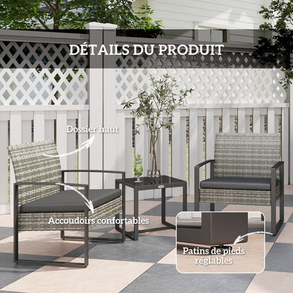 2-Seater Garden Set 3 Pieces 2 Chairs with Cushions + Coffee Table with Tempered Glass Top Woven Resin Rattan Imitation 4 Strands Light Gray