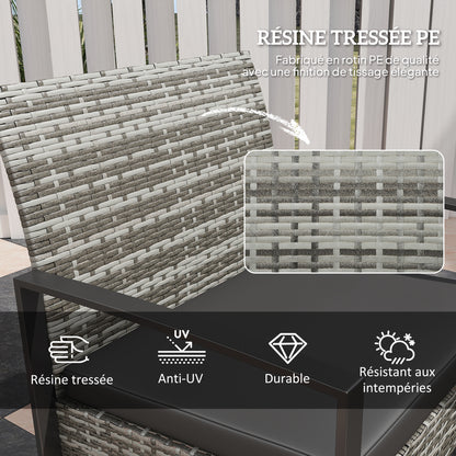 2-Seater Garden Set 3 Pieces 2 Chairs with Cushions + Coffee Table with Tempered Glass Top Woven Resin Rattan Imitation 4 Strands Light Gray