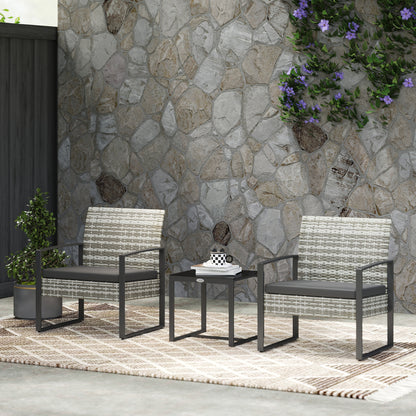 2-Seater Garden Set 3 Pieces 2 Chairs with Cushions + Coffee Table with Tempered Glass Top Woven Resin Rattan Imitation 4 Strands Light Gray