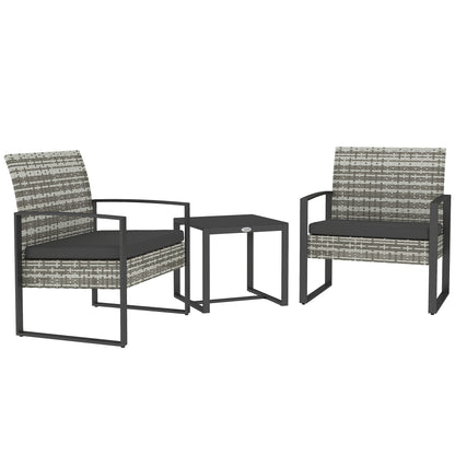 2-Seater Garden Set 3 Pieces 2 Chairs with Cushions + Coffee Table with Tempered Glass Top Woven Resin Rattan Imitation 4 Strands Light Gray