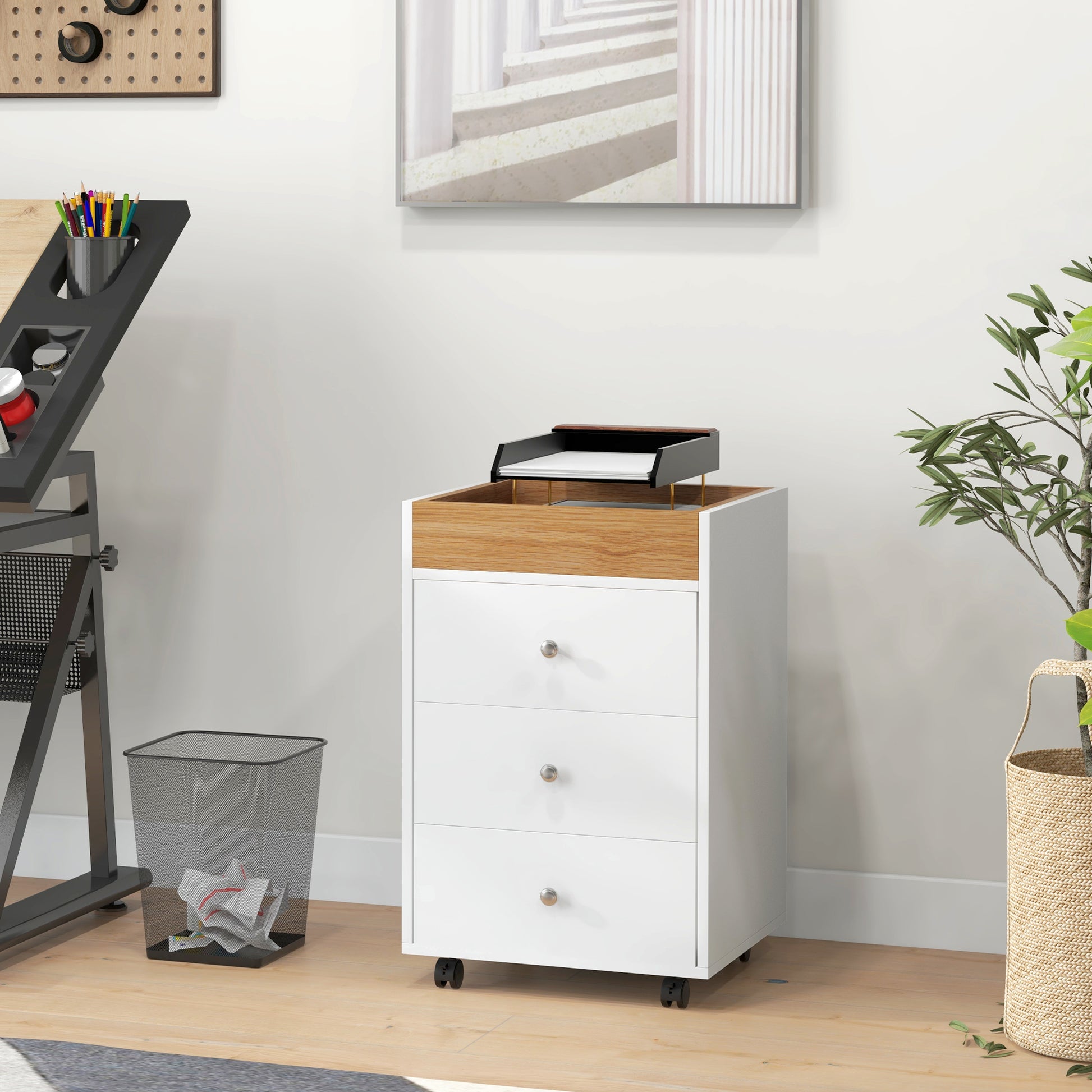 Office Drawer Cabinet with 4 Wheels, 3 Drawers, and 1 Removable Tray 30 kg Capacity for Study Room 43x40x66.5 cm White and Natural