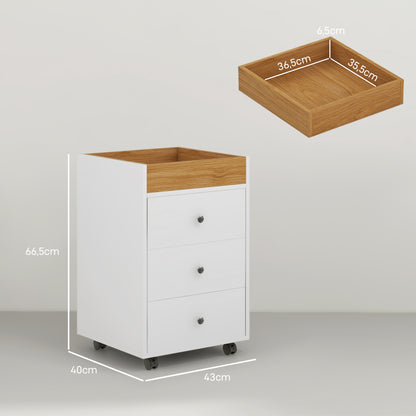 Office Drawer Cabinet with 4 Wheels, 3 Drawers, and 1 Removable Tray 30 kg Capacity for Study Room 43x40x66.5 cm White and Natural