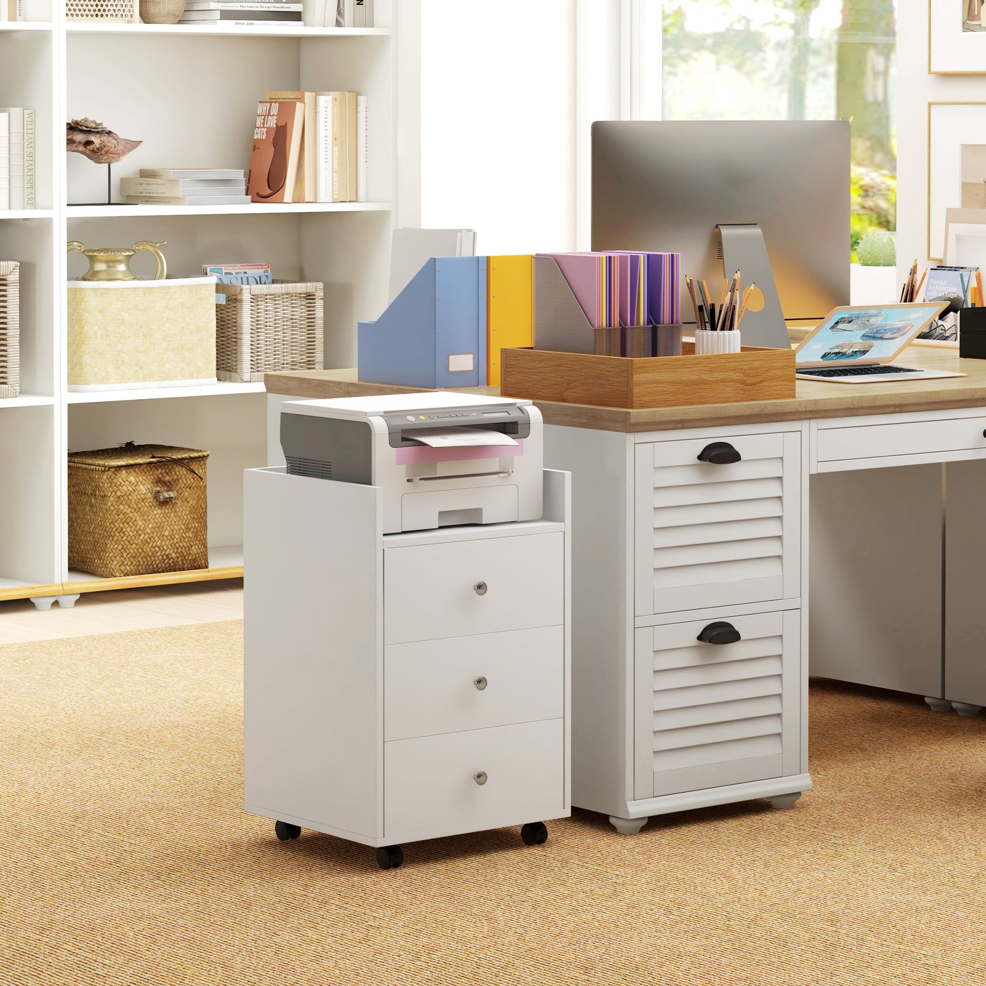 Office Drawer Cabinet with 4 Wheels, 3 Drawers, and 1 Removable Tray 30 kg Capacity for Study Room 43x40x66.5 cm White and Natural