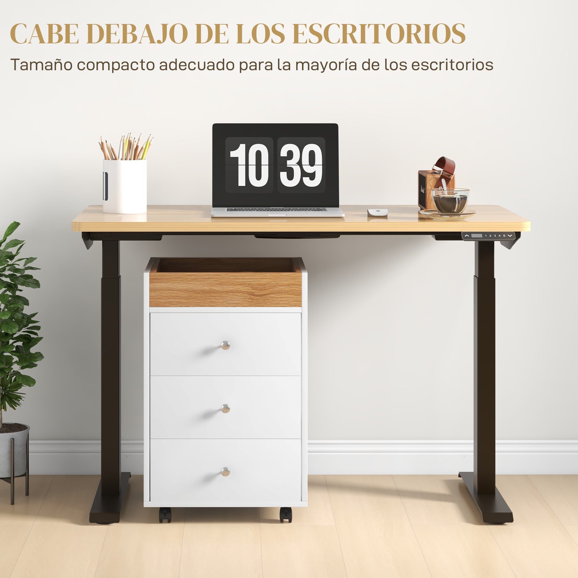 Office Drawer Cabinet with 4 Wheels, 3 Drawers, and 1 Removable Tray 30 kg Capacity for Study Room 43x40x66.5 cm White and Natural