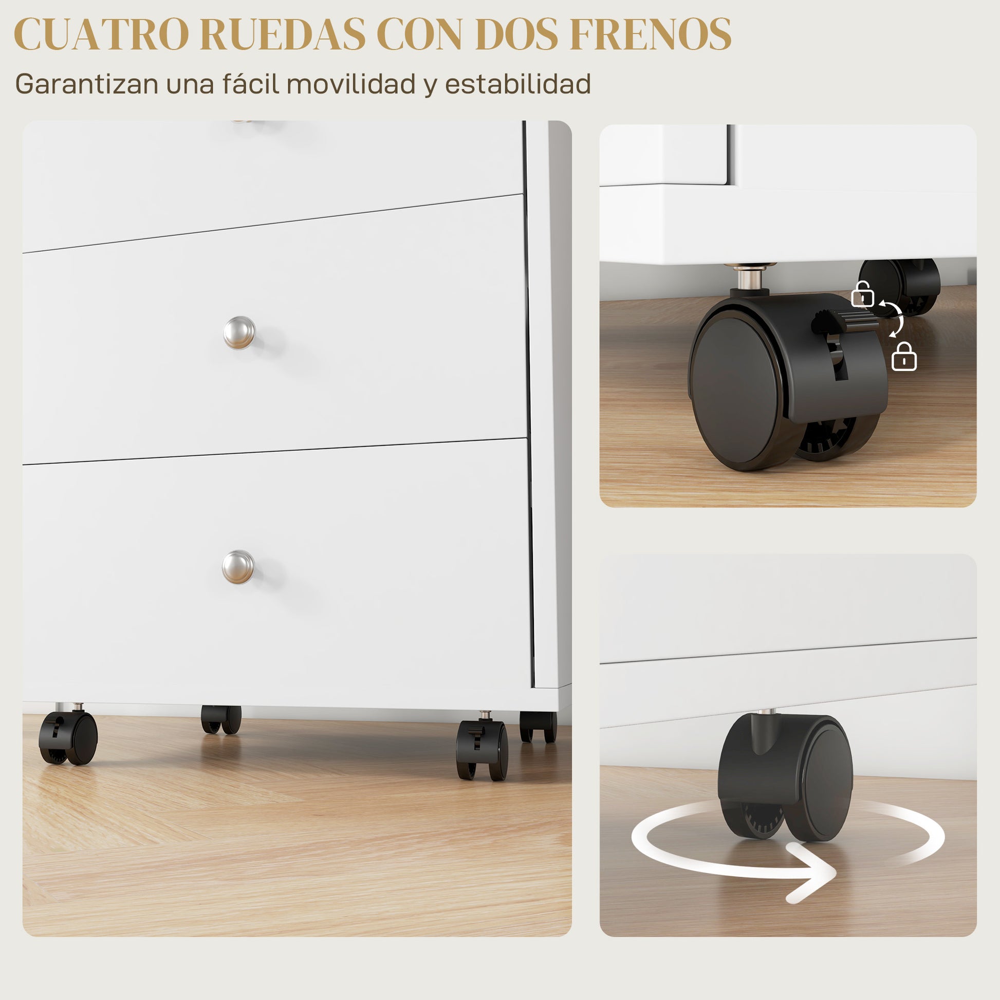 Office Drawer Cabinet with 4 Wheels, 3 Drawers, and 1 Removable Tray 30 kg Capacity for Study Room 43x40x66.5 cm White and Natural