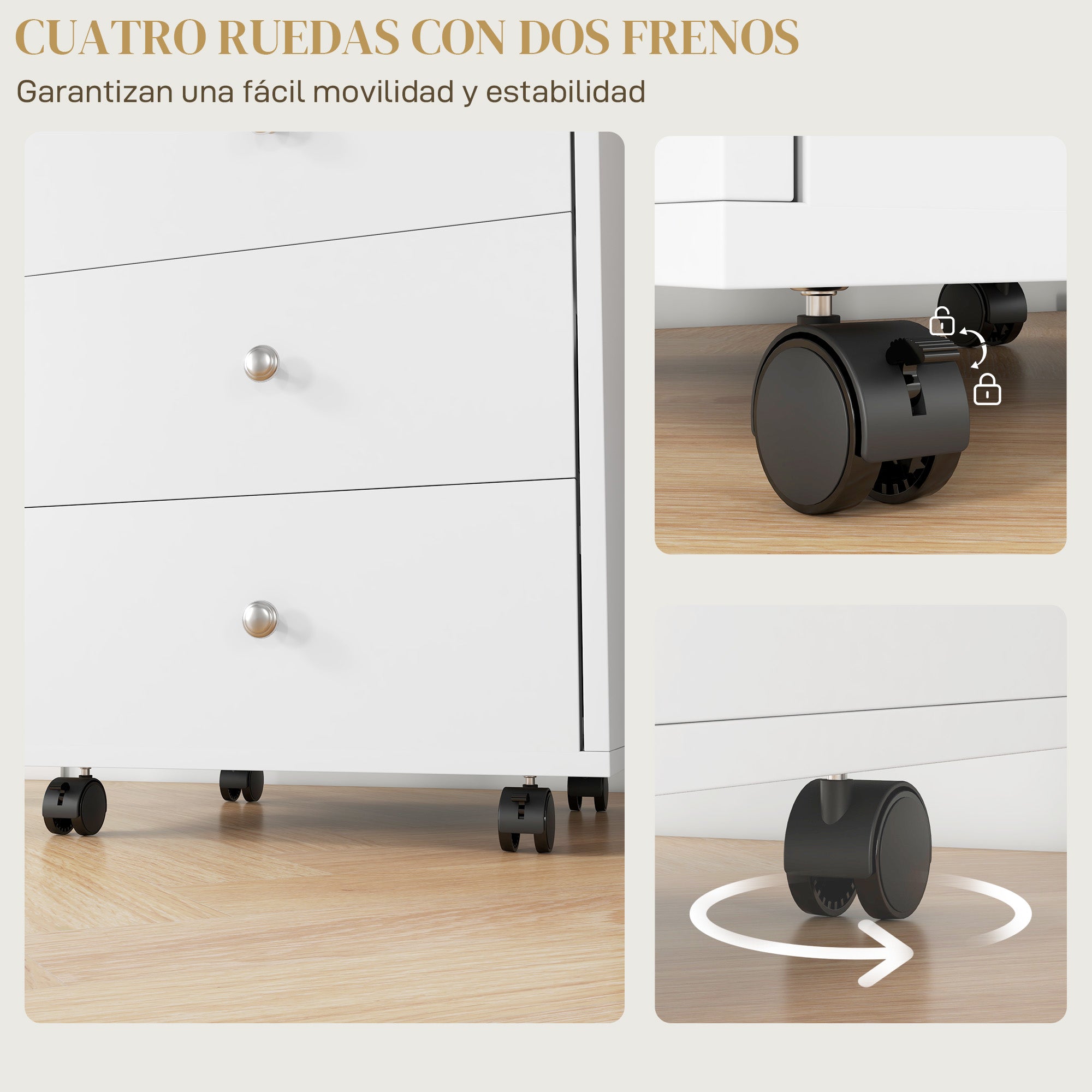 Office Drawer Cabinet with 4 Wheels, 3 Drawers, and 1 Removable Tray 30 kg Capacity for Study Room 43x40x66.5 cm White and Natural