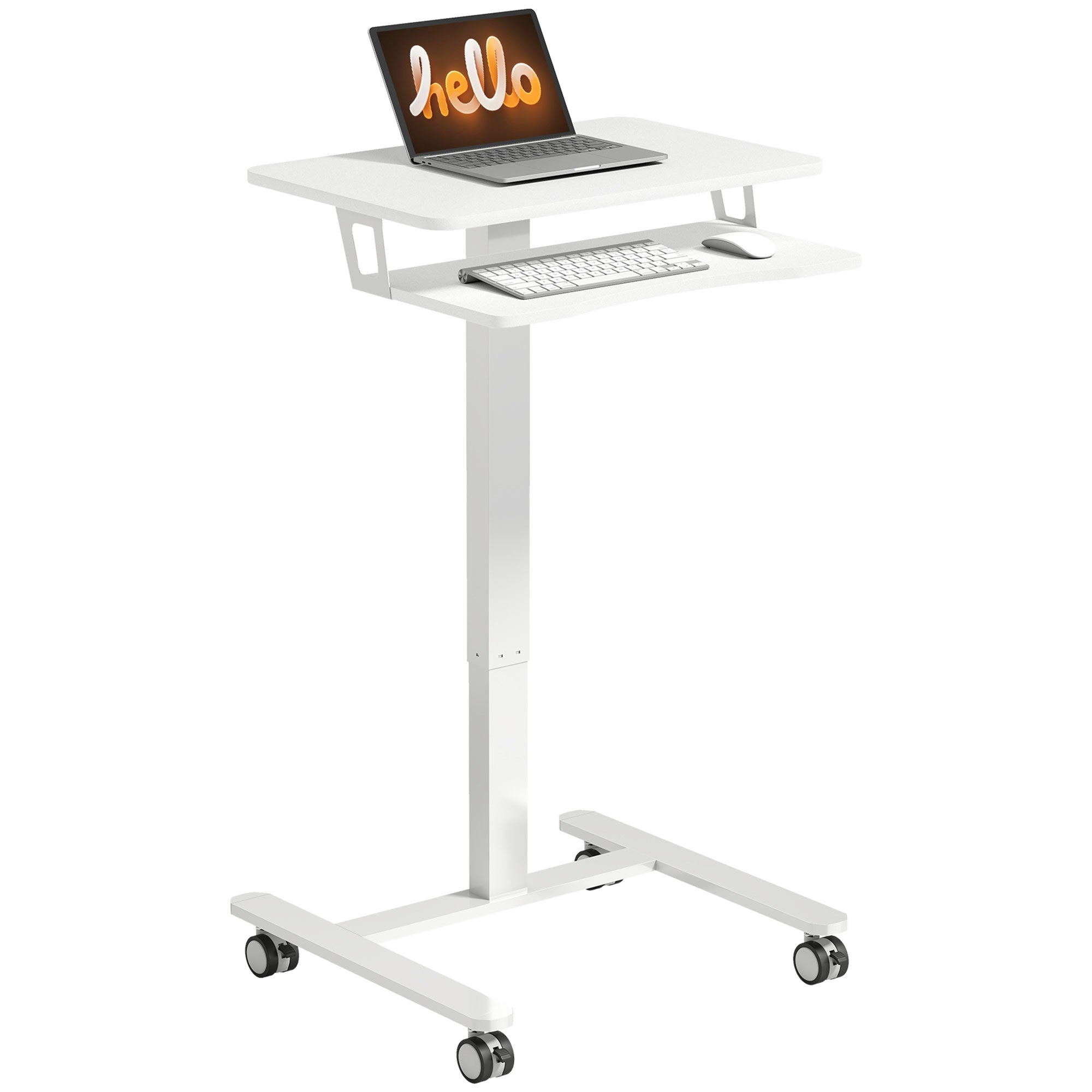 Height-Adjustable Rolling Standing Desk 28–42 in with Keyboard Tray, Steel Frame — Compact White