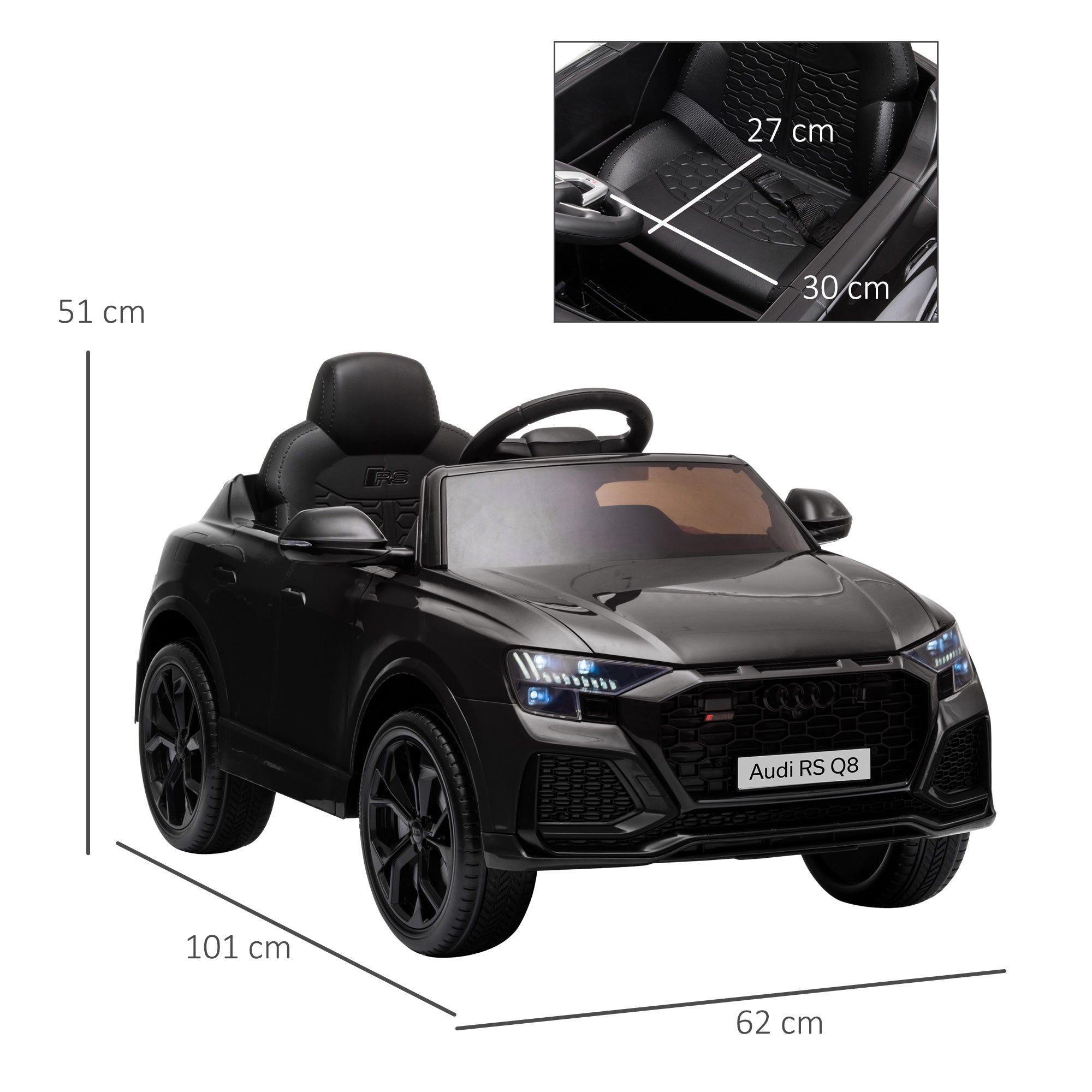 Kids Electric Car +3 Years Licensed Audi RS Q8 with 6V Battery 2 Motors Remote Control Music MP3 Horn and Lights Max Speed 3km/h 101x62x51 cm Black