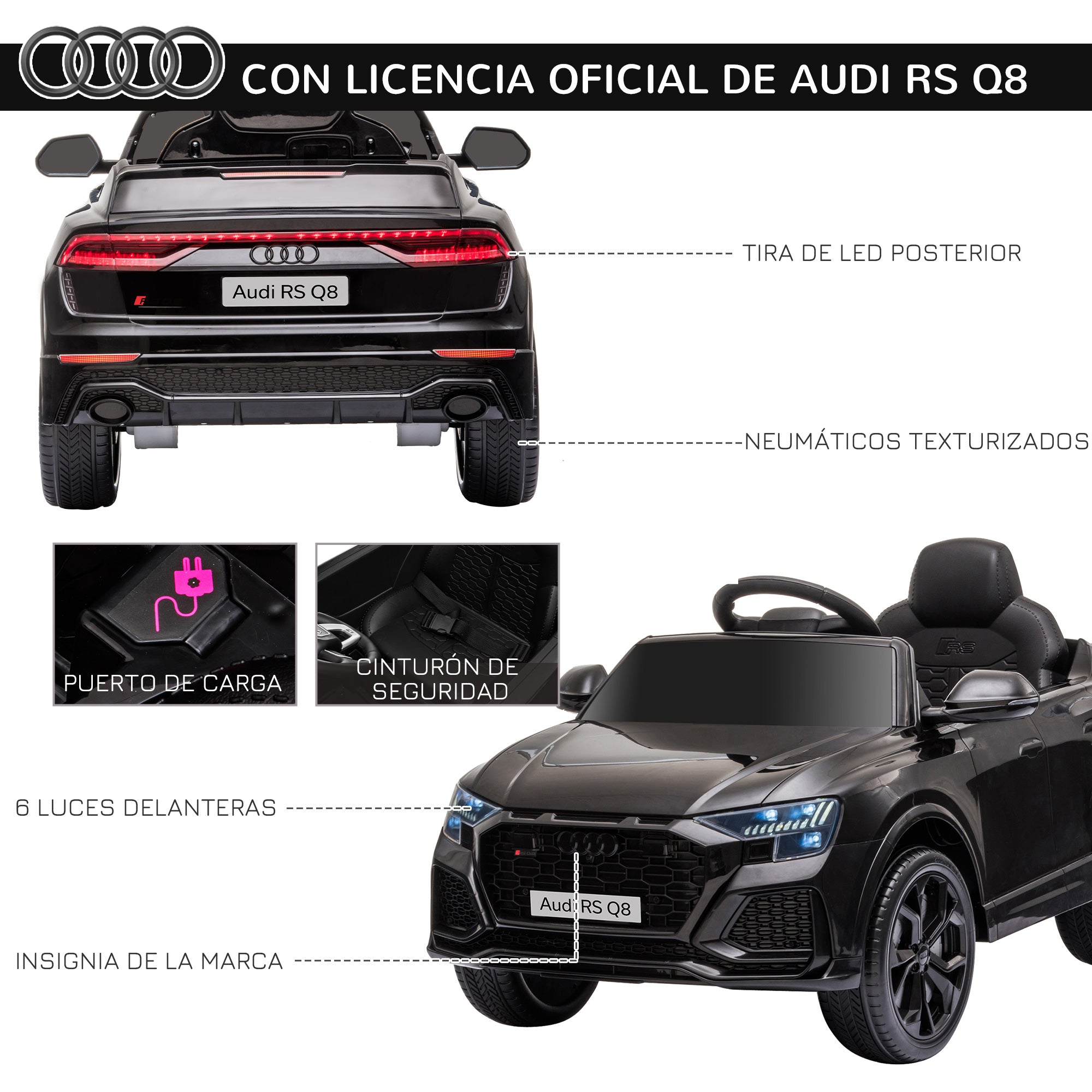 Kids Electric Car +3 Years Licensed Audi RS Q8 with 6V Battery 2 Motors Remote Control Music MP3 Horn and Lights Max Speed 3km/h 101x62x51 cm Black