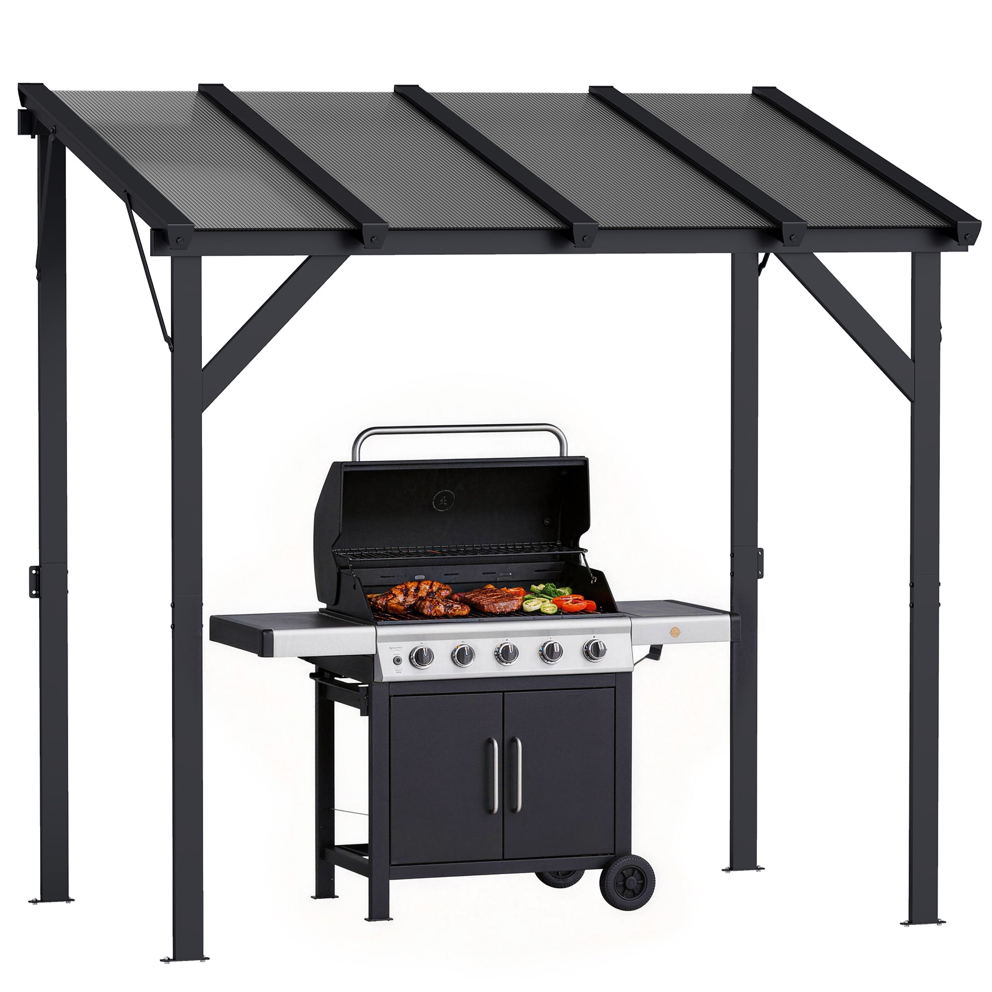 Lean-to BBQ Pavilion, 8.0 ft x 4 ft 10 in x 8.0 ft Patio Canopy with UPF50+ Polycarbonate Roof — Dark Gray
