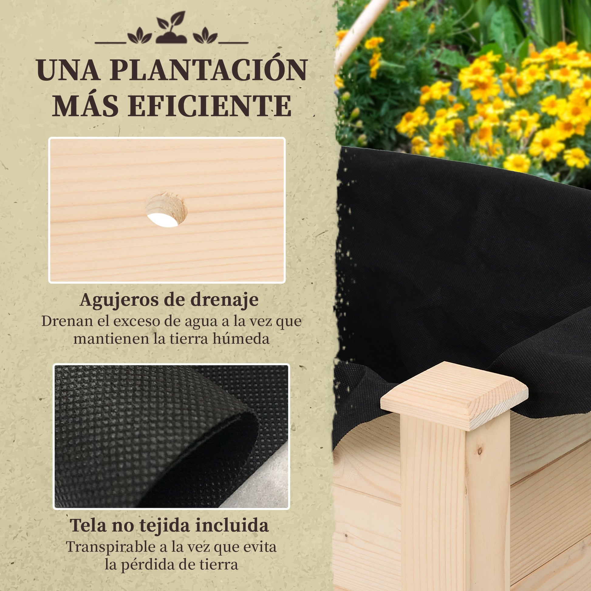 Raised Urban Garden Natural Wood 86x46x76 cm Raised Planting Table with Non-woven Fabric and 4 Drainage Holes for Planting Flowers Garden Terrace Outdoor Natural