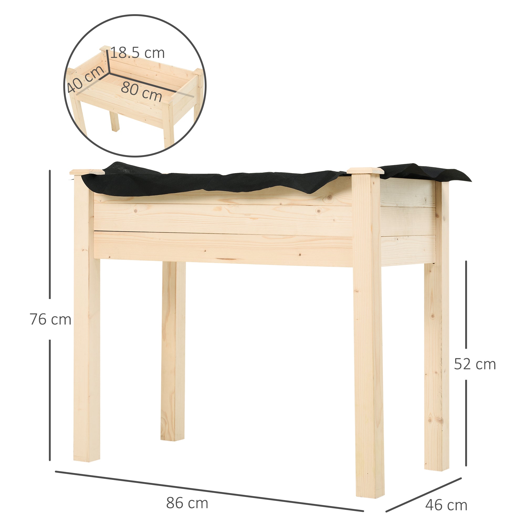 Raised Urban Garden Natural Wood 86x46x76 cm Raised Planting Table with Non-woven Fabric and 4 Drainage Holes for Planting Flowers Garden Terrace Outdoor Natural