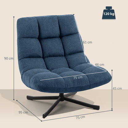 Armless Swivel Lounge Chair — Wide Chenille Seat, Steel Base, Dark Blue