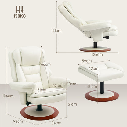 Recliner Chair with Ottoman TV Armchair with Reclining Function, Swivel TV Chair with Wooden Base, Reclining Chair up to 150 kg Load Capacity for Living Room, Faux Leather, Cream White