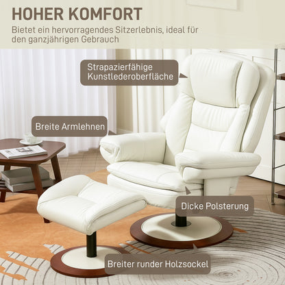 Recliner Chair with Ottoman TV Armchair with Reclining Function, Swivel TV Chair with Wooden Base, Reclining Chair up to 150 kg Load Capacity for Living Room, Faux Leather, Cream White