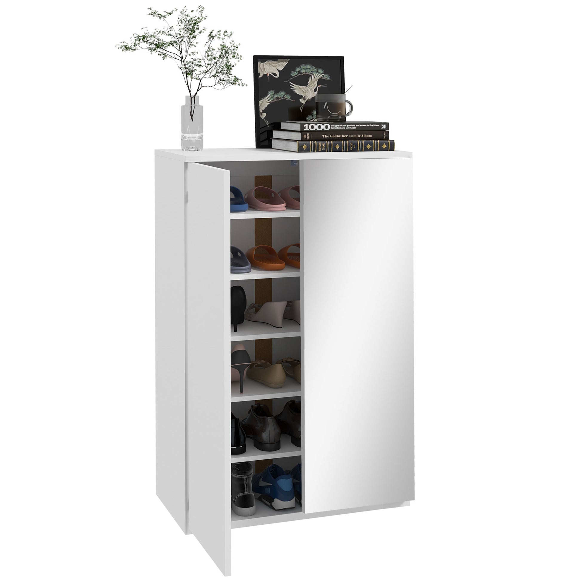 Shoe Cabinet with Mirror Shoe Rack for 18 Pairs of Shoes with 5 Adjustable Shelves for Entryway 60x32x95 cm White