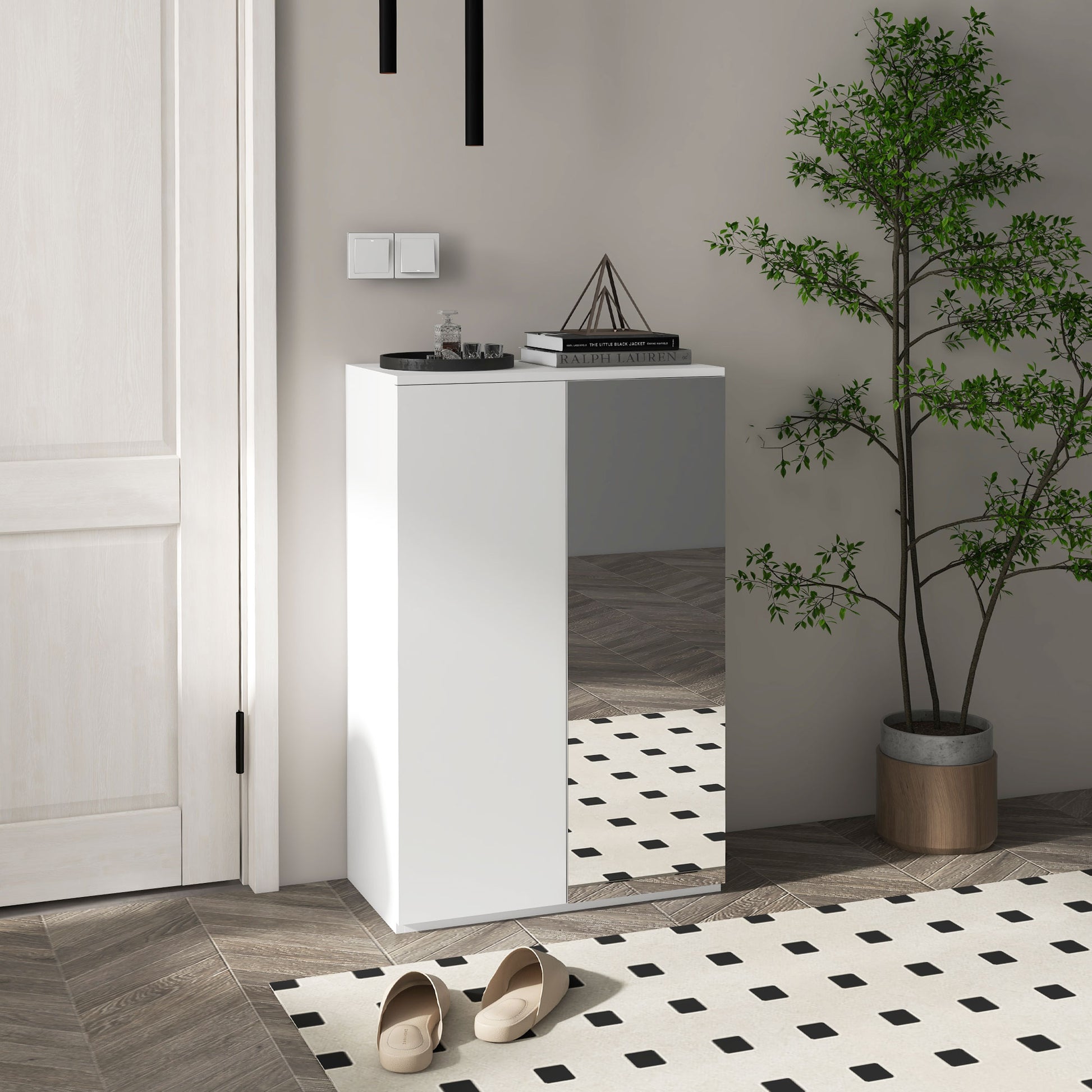 Shoe Cabinet with Mirror Shoe Rack for 18 Pairs of Shoes with 5 Adjustable Shelves for Entryway 60x32x95 cm White