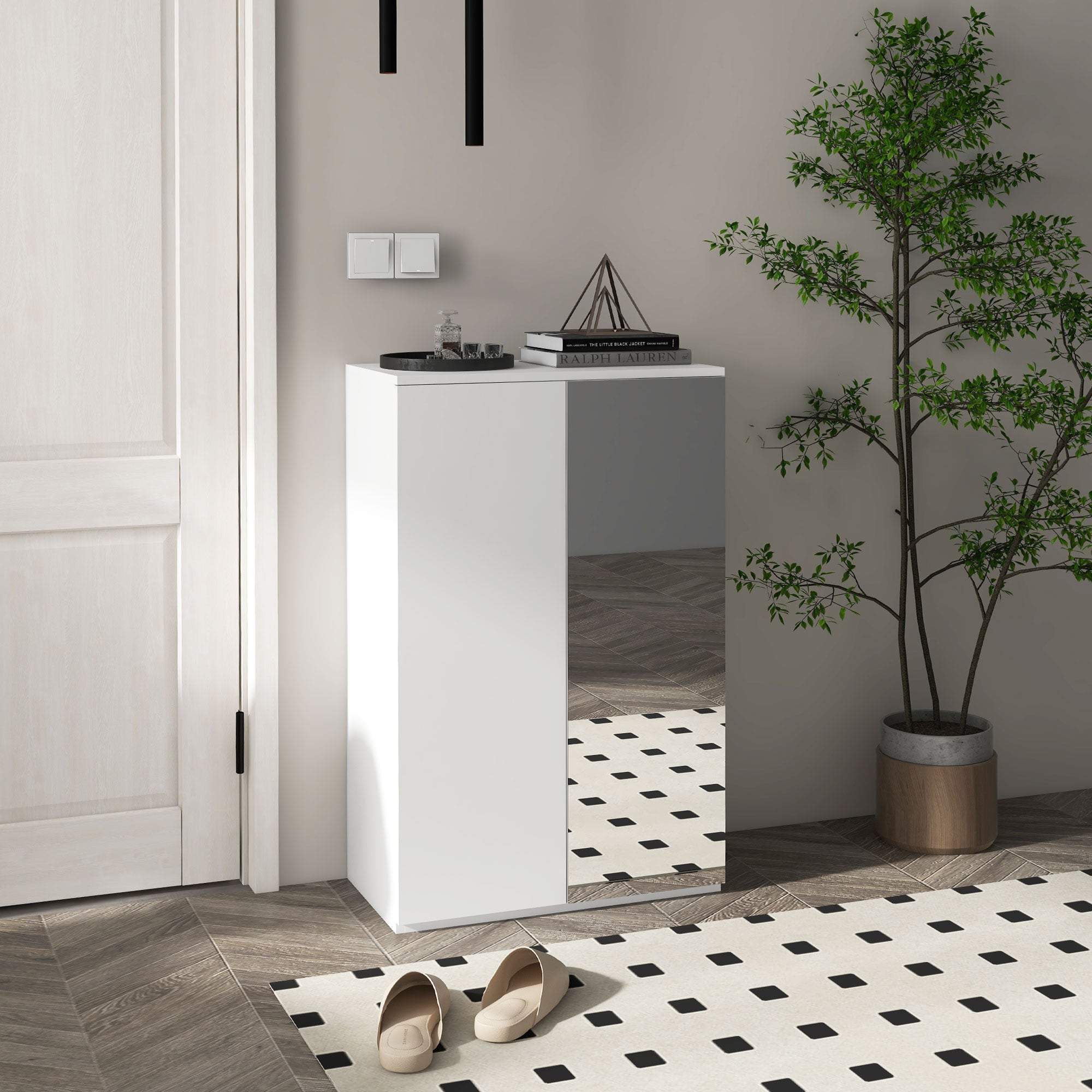 Shoe Cabinet with Mirror Shoe Rack for 18 Pairs of Shoes with 5 Adjustable Shelves for Entryway 60x32x95 cm White