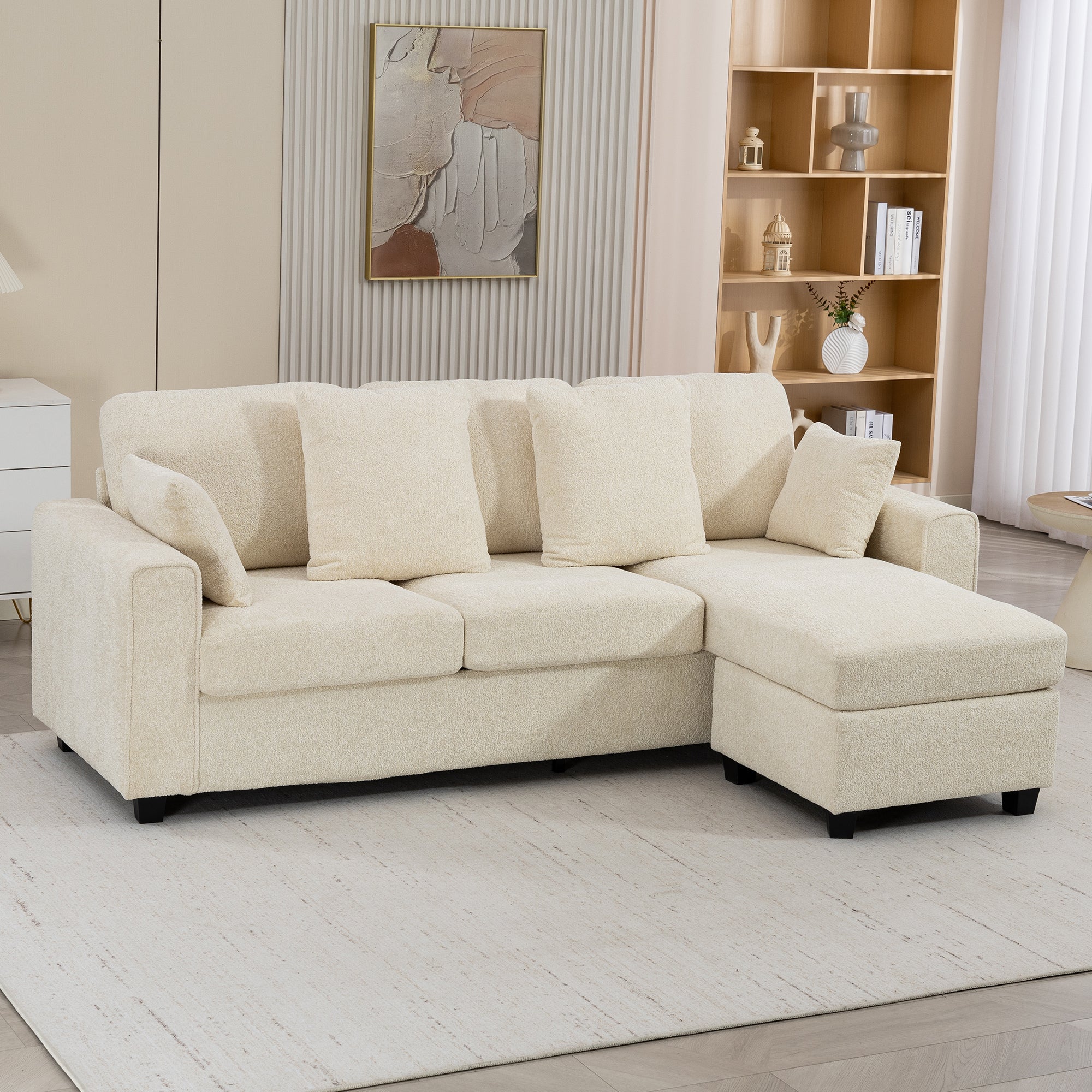 Corner Sofa 92.7" L-Shaped 3-Seater with Reversible Chaise, Beige Point-Texture Velvet, Deep and Wide Seats