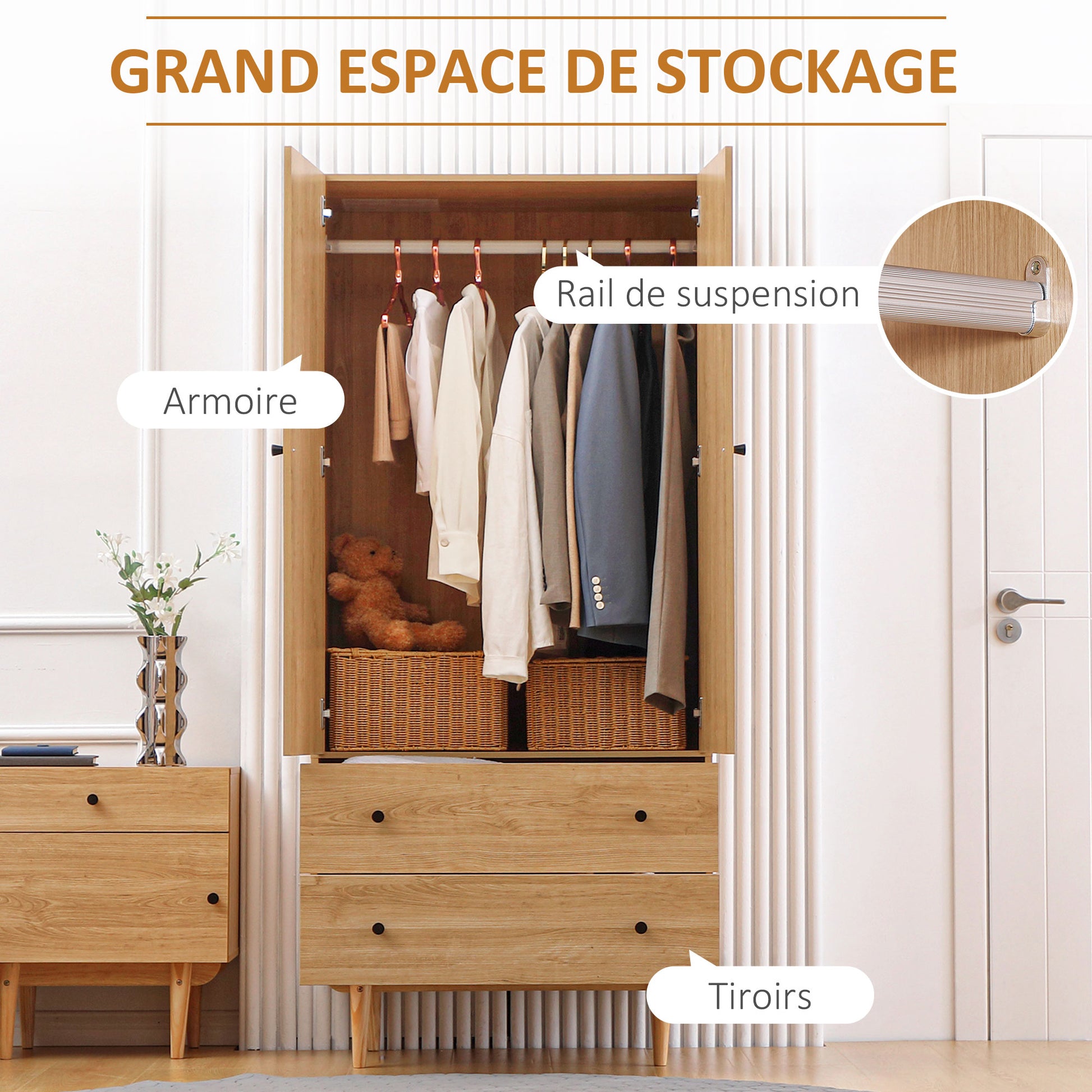 Adult Bedroom Wardrobe Clothes Closet with 2 Doors, 2 Drawers - 80 x 52 x 180 cm - Wood Finish