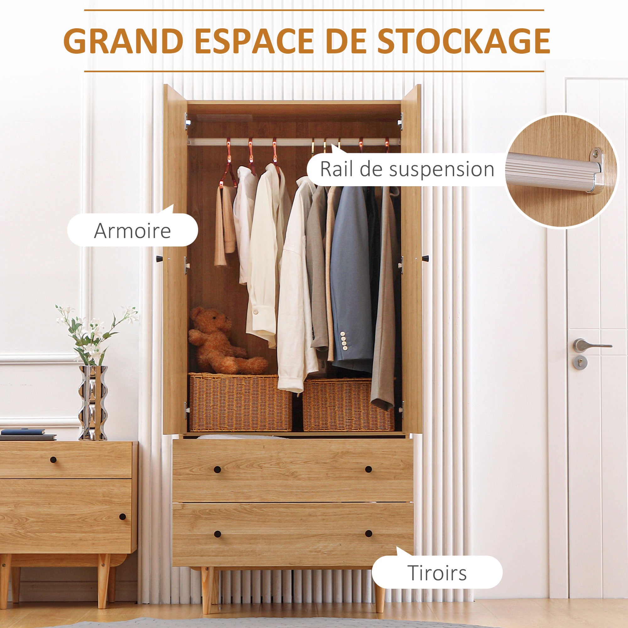 Adult Bedroom Wardrobe Clothes Closet with 2 Doors, 2 Drawers - 80 x 52 x 180 cm - Wood Finish