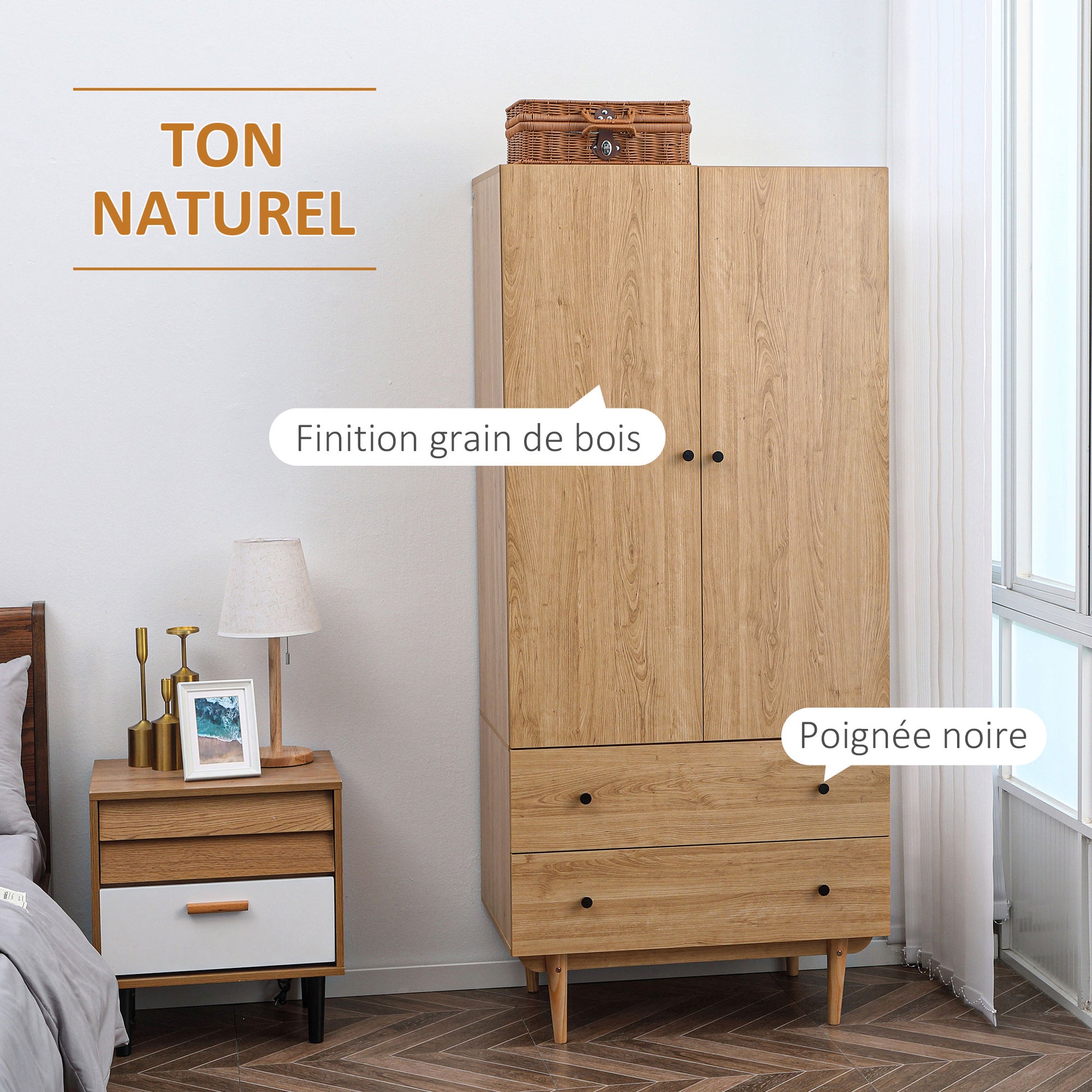 Adult Bedroom Wardrobe Clothes Closet with 2 Doors, 2 Drawers - 80 x 52 x 180 cm - Wood Finish