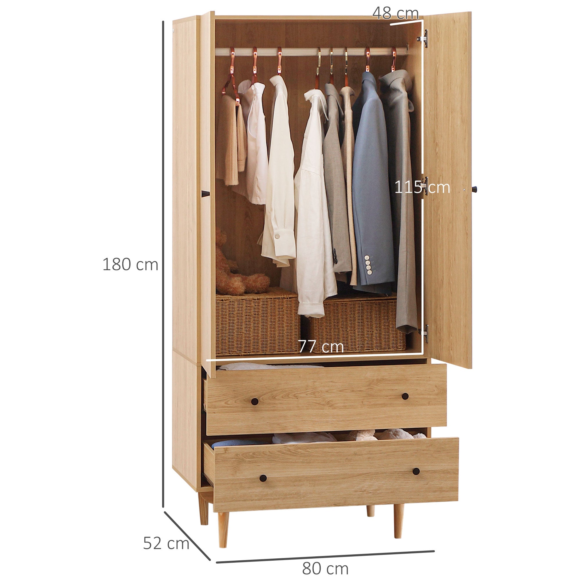 Adult Bedroom Wardrobe Clothes Closet with 2 Doors, 2 Drawers - 80 x 52 x 180 cm - Wood Finish
