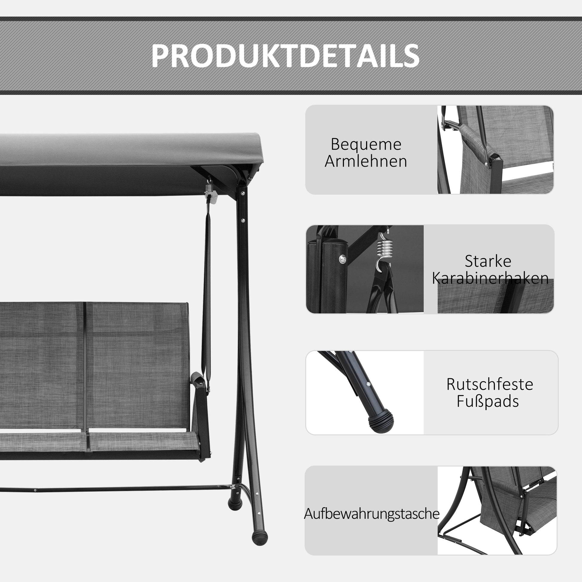 Hollywood Swing with Side Pocket, 3-Seater Garden Swing with Adjustable Sun Canopy, Swing Bench supports up to 300kg, for Garden, Terrace, 196 x 128 x 172 cm, Dark Gray