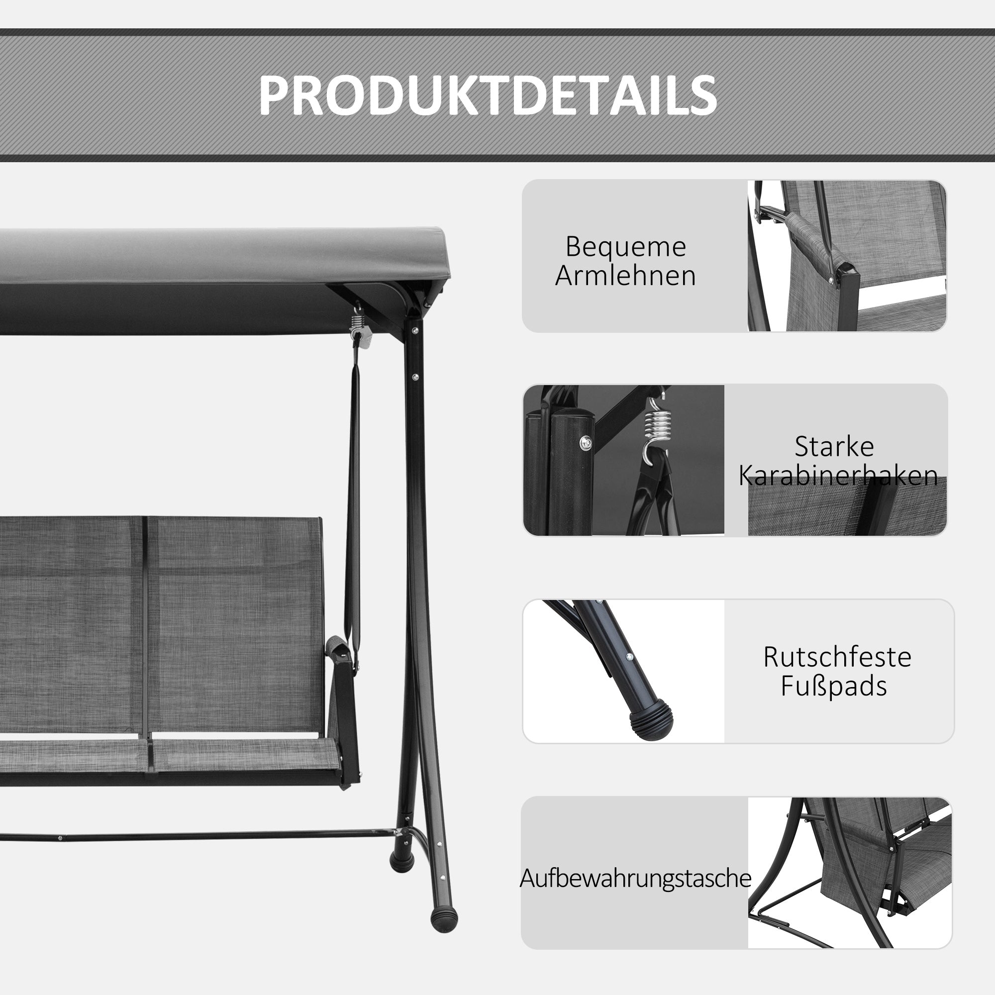 Hollywood Swing with Side Pocket, 3-Seater Garden Swing with Adjustable Sun Canopy, Swing Bench supports up to 300kg, for Garden, Terrace, 196 x 128 x 172 cm, Dark Gray