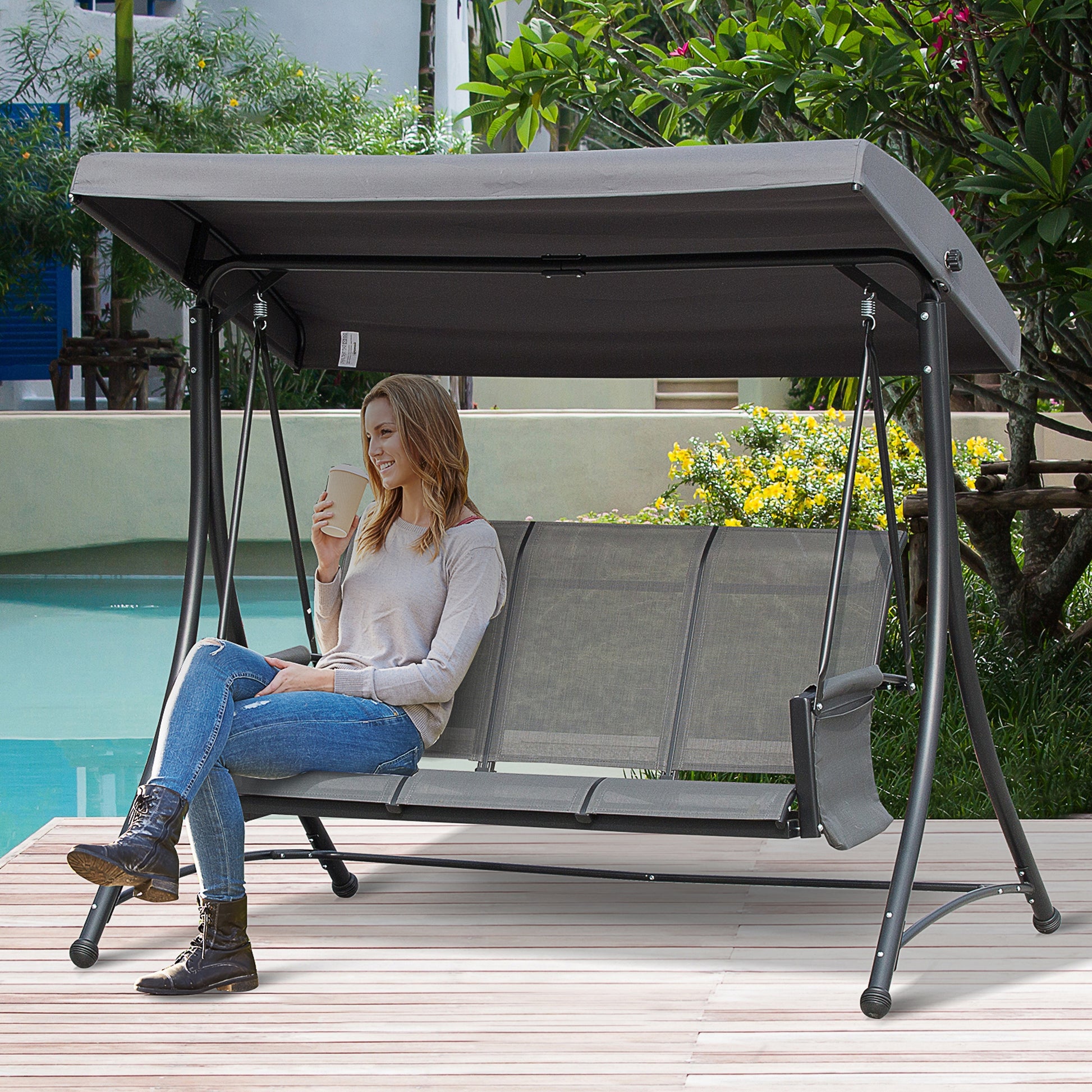 Hollywood Swing with Side Pocket, 3-Seater Garden Swing with Adjustable Sun Canopy, Swing Bench supports up to 300kg, for Garden, Terrace, 196 x 128 x 172 cm, Dark Gray