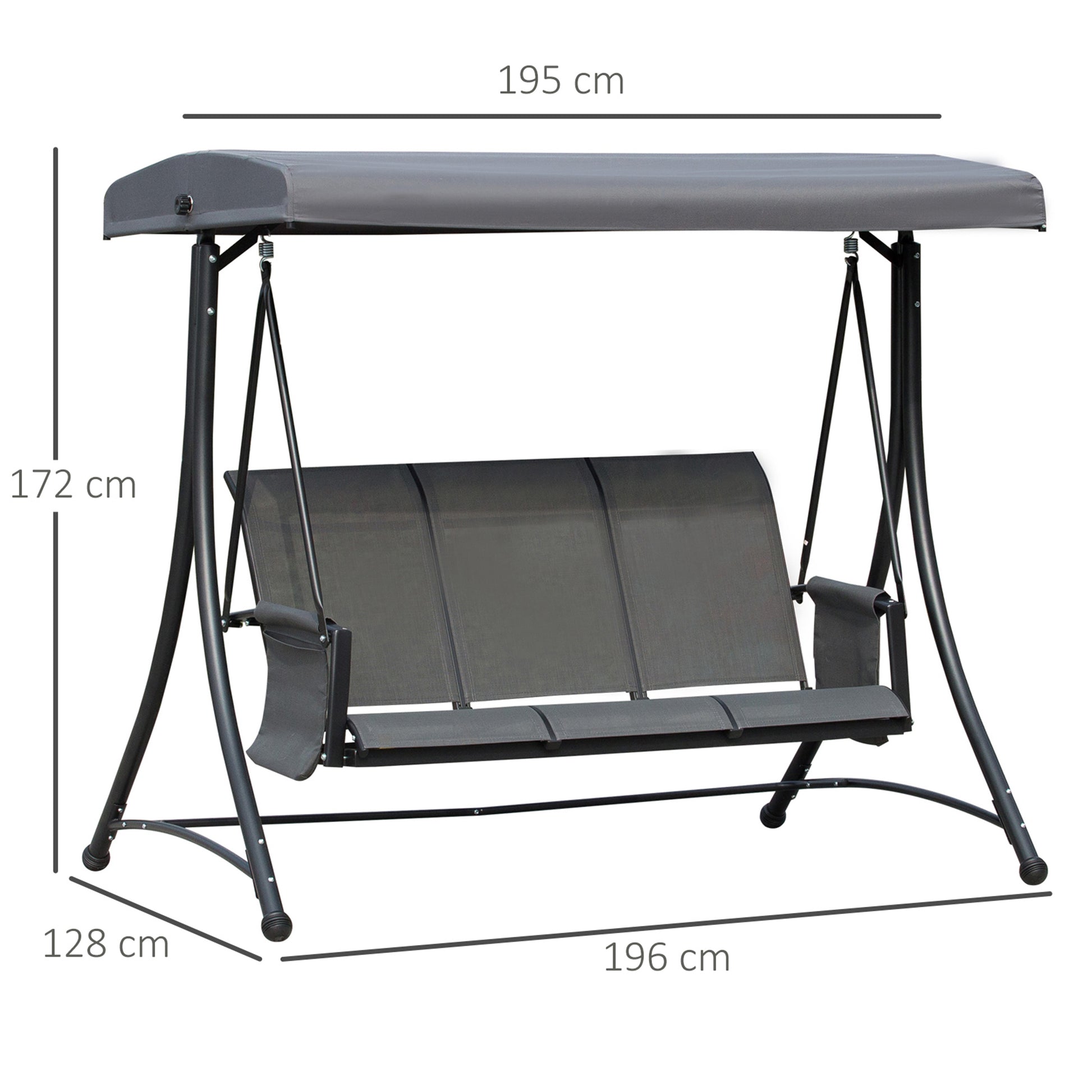Hollywood Swing with Side Pocket, 3-Seater Garden Swing with Adjustable Sun Canopy, Swing Bench supports up to 300kg, for Garden, Terrace, 196 x 128 x 172 cm, Dark Gray