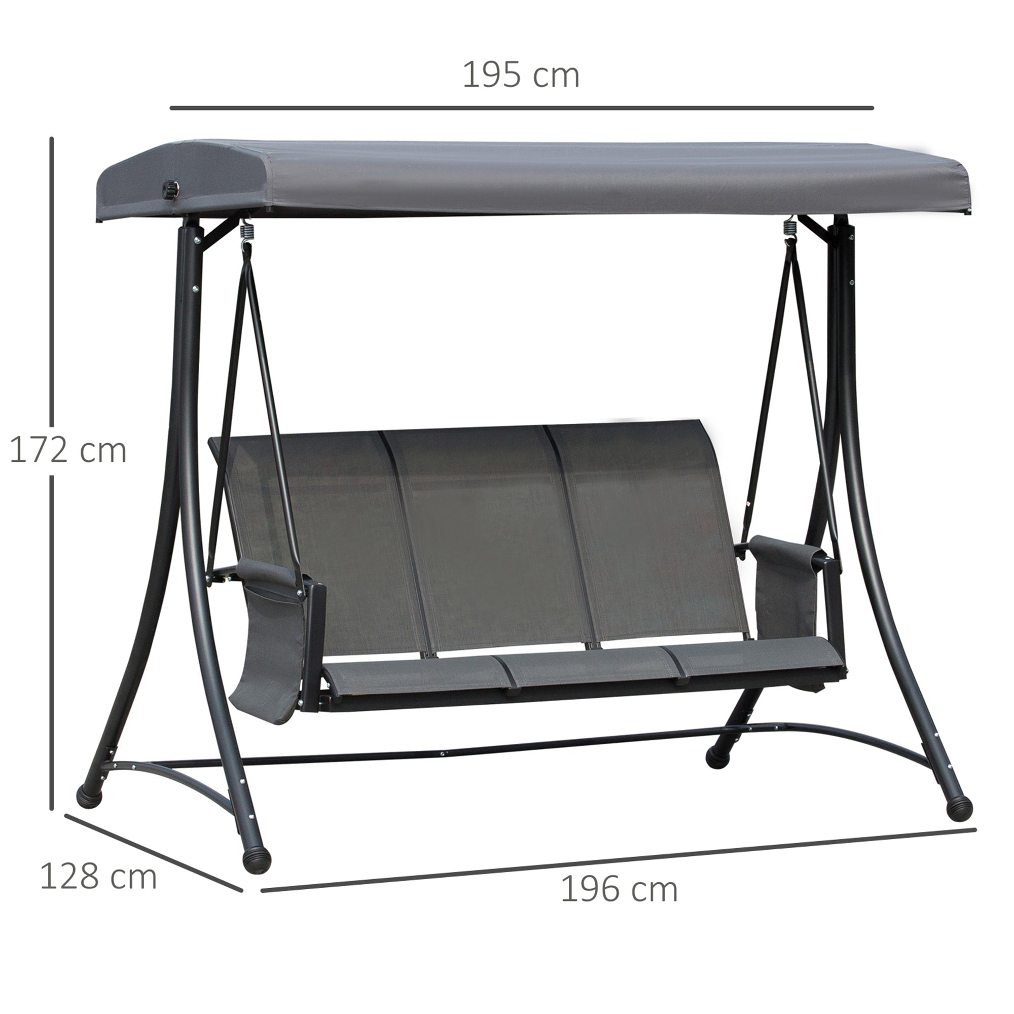 Hollywood Swing with Side Pocket, 3-Seater Garden Swing with Adjustable Sun Canopy, Swing Bench supports up to 300kg, for Garden, Terrace, 196 x 128 x 172 cm, Dark Gray